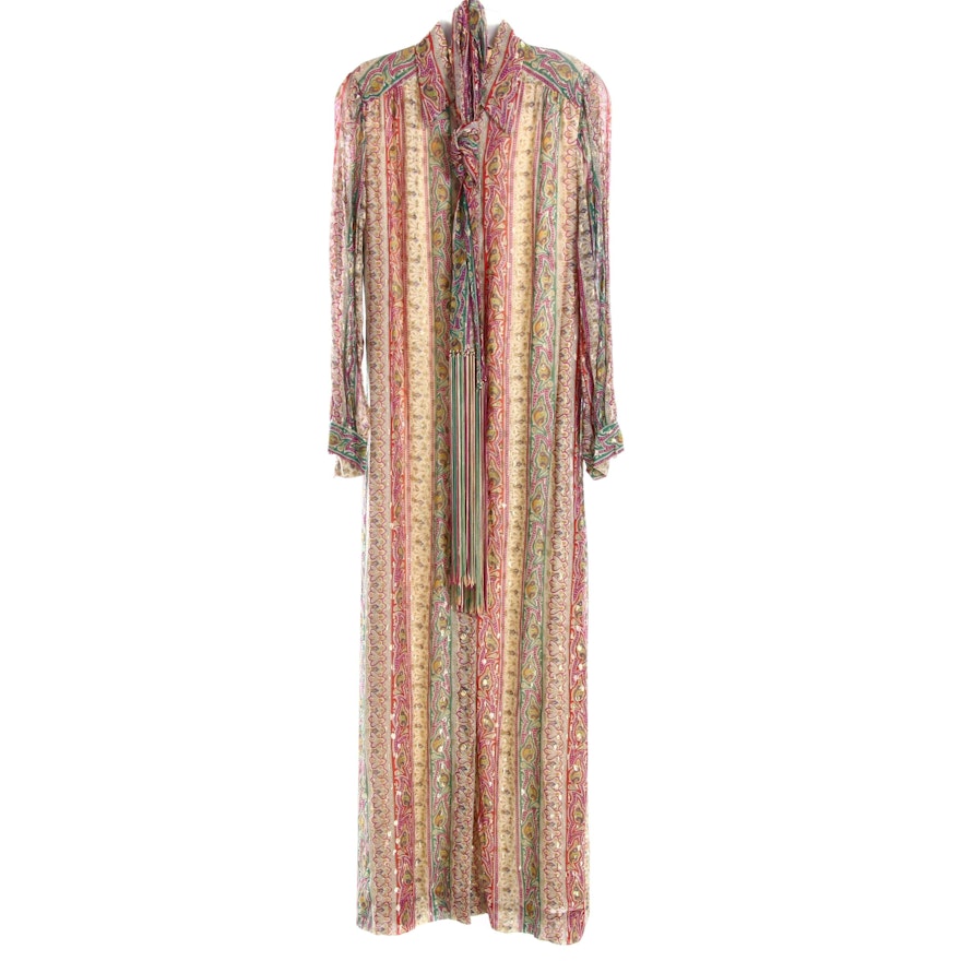 Nat Kaplan Paisley Print Kaftan Style Dress with Brocade Accents, 1960s Vintage