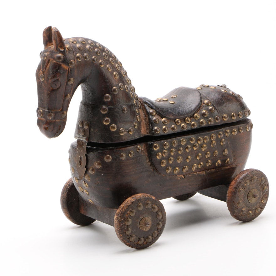 Indian Brass Embellished Teak Horse Spice Box, Early 20th Century