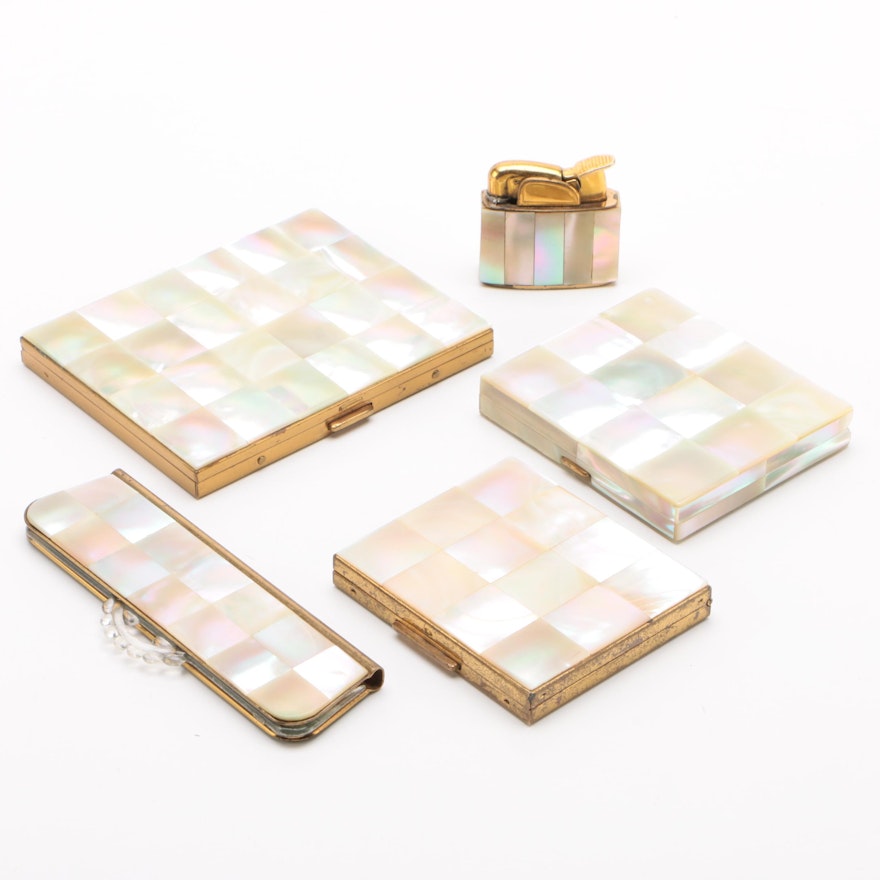 Gold Tone and Mother-of-Pearl Mosaic Compacts, Cigarette Case, Comb and Lighter
