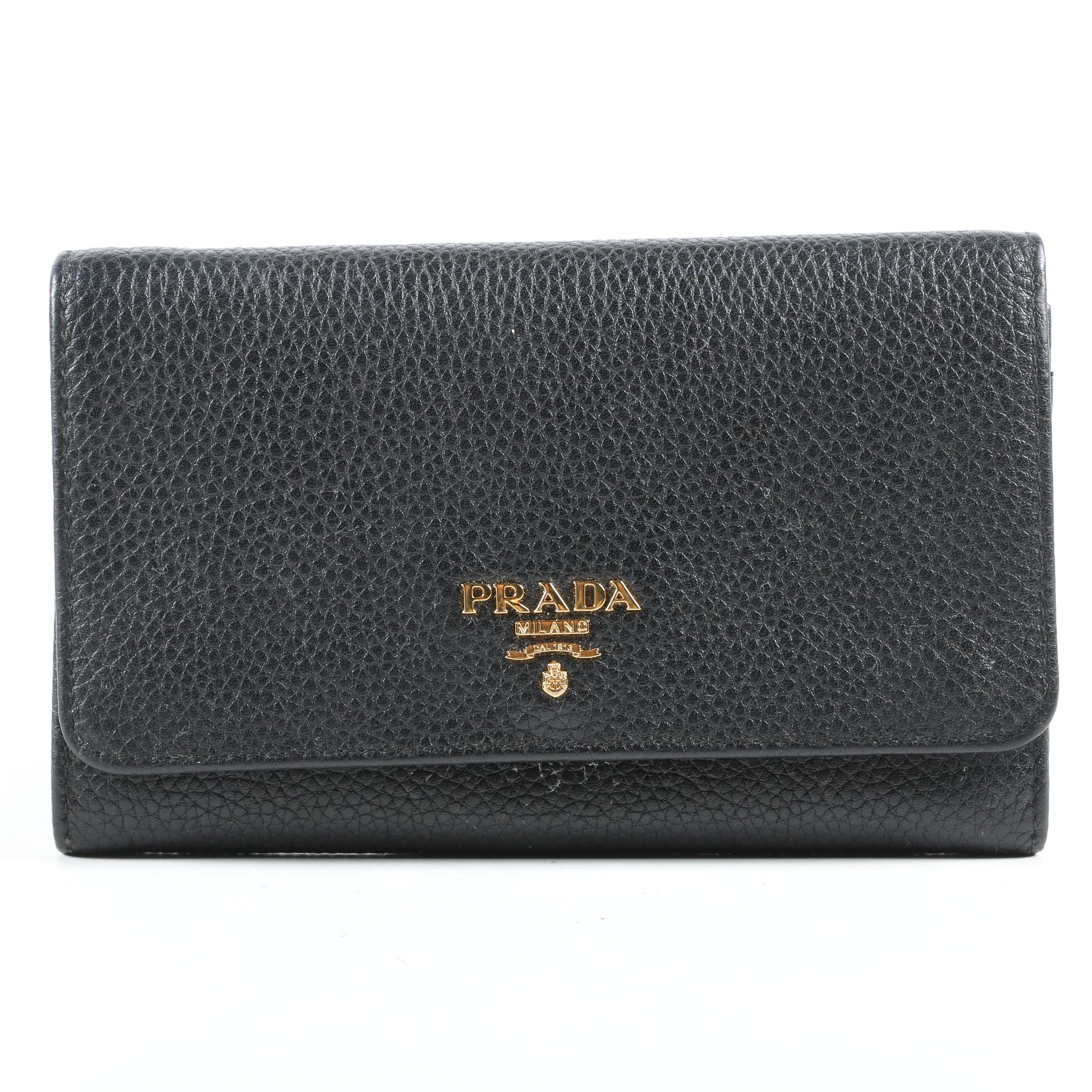 Prada Portafoglio Pattina Flap Wallet in Black Vitello Grain Leather