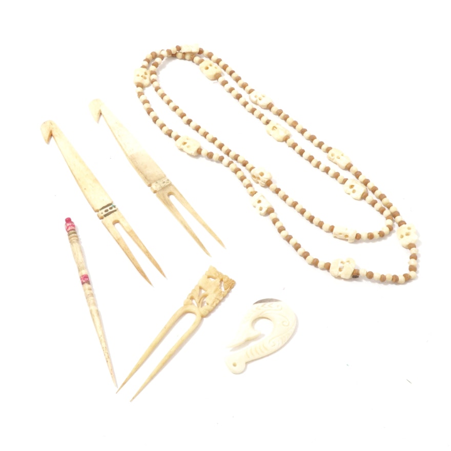Bone Necklace, Pendant, and Hair Pins