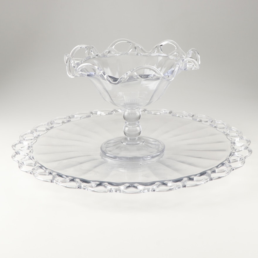 Vintage Imperial Glass "Crocheted Crystal" Torte Plate and Epergne Bowl