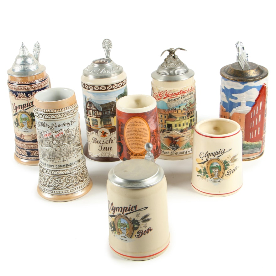 Stoneware and Ceramic Beer Steins including Yuengling Signature Series Stein