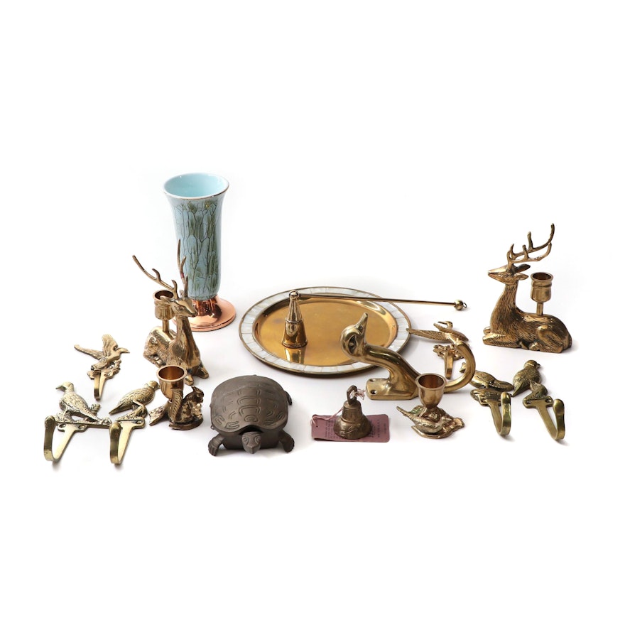 Brass Plated Figural Decor Featuring Stag Candleholders, Turtle Box, and Hooks