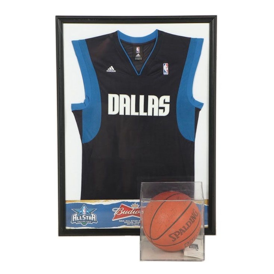 Dallas Mavericks Autographed Ball and Tickets with All-Star Jersey in Frame