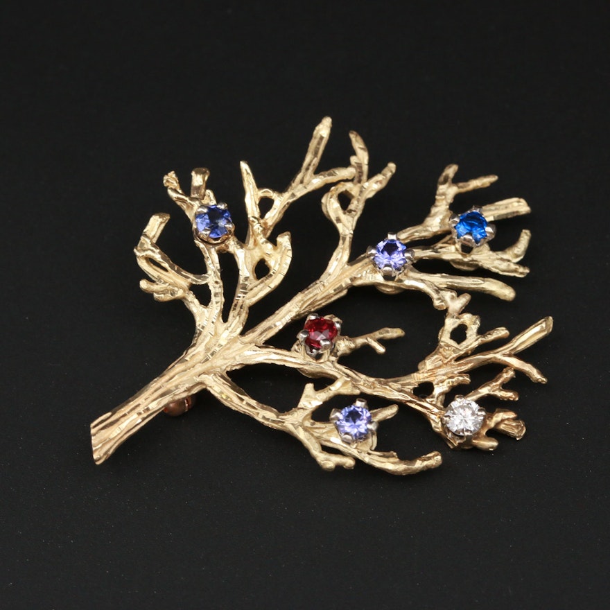 14K Yellow Gold Diamond, Sapphire, Spinel and Ruby Tree Brooch