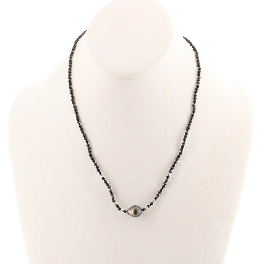 Sterling Silver Cultured Pearl and Black Spinel Beaded Necklace