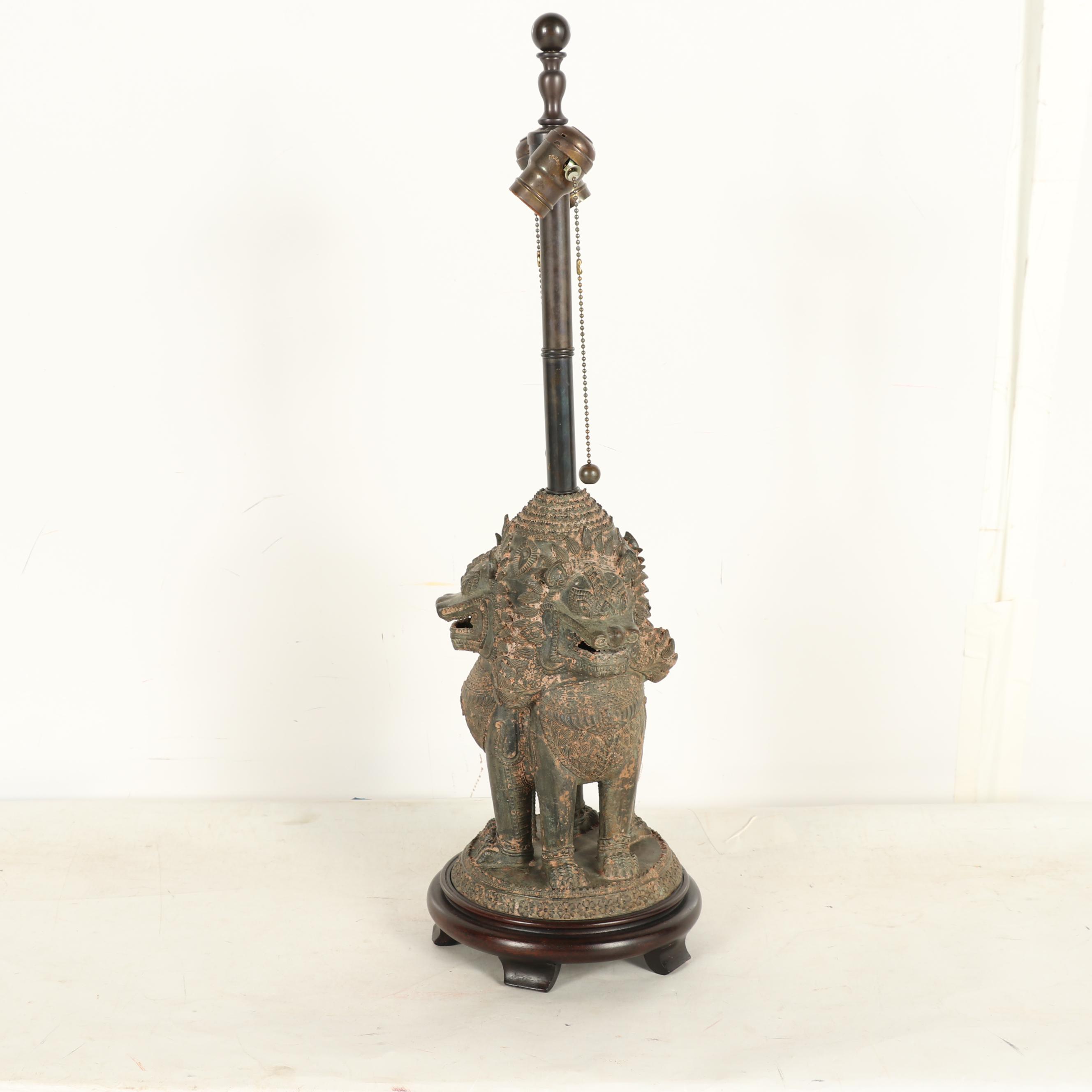 Thai Bronze Singha Guardian Lion Table Lamps with Silk Shades