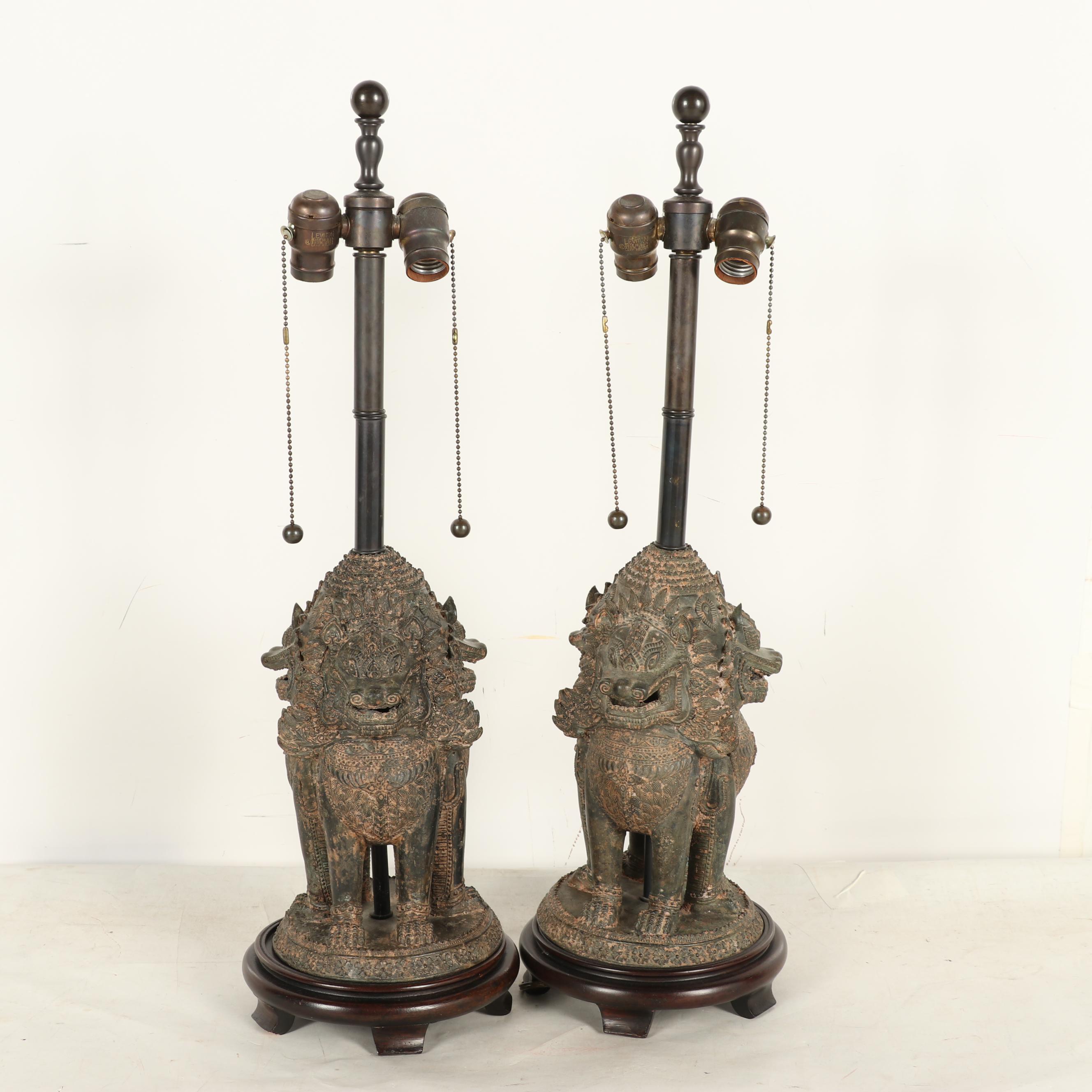 Thai Bronze Singha Guardian Lion Table Lamps with Silk Shades