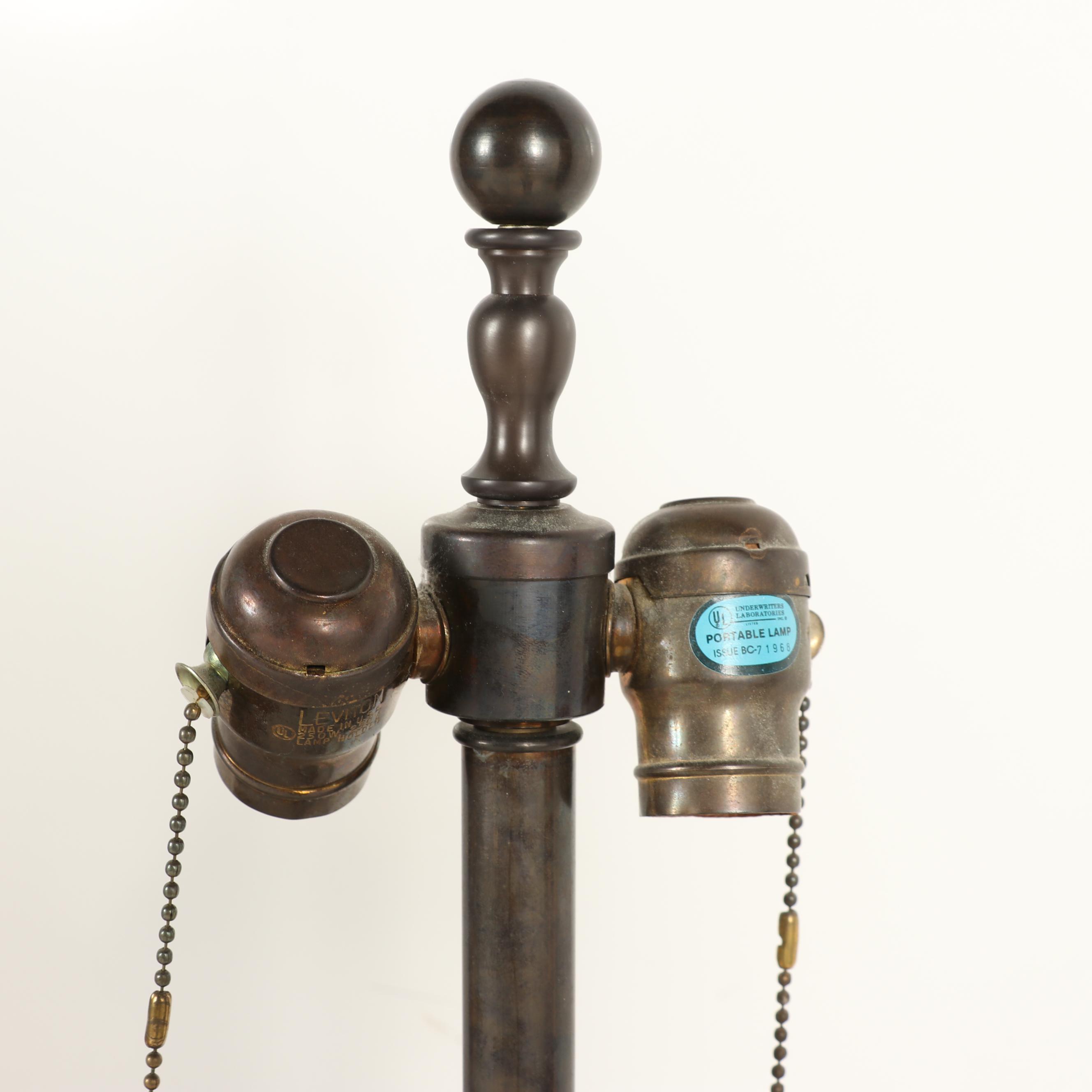 Thai Bronze Singha Guardian Lion Table Lamps with Silk Shades