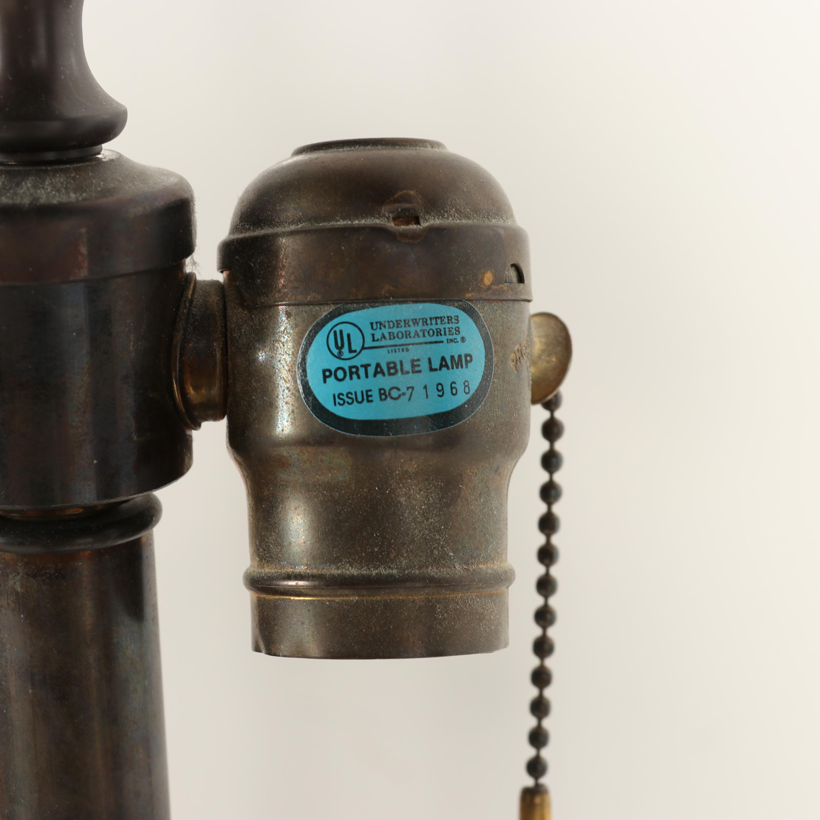 Thai Bronze Singha Guardian Lion Table Lamps with Silk Shades