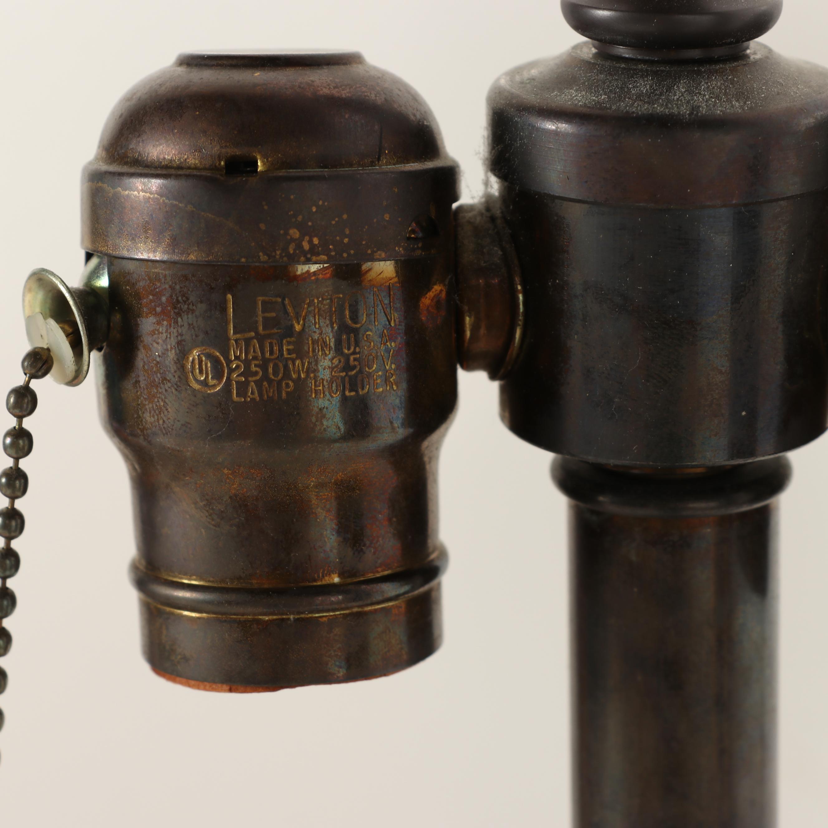 Thai Bronze Singha Guardian Lion Table Lamps with Silk Shades