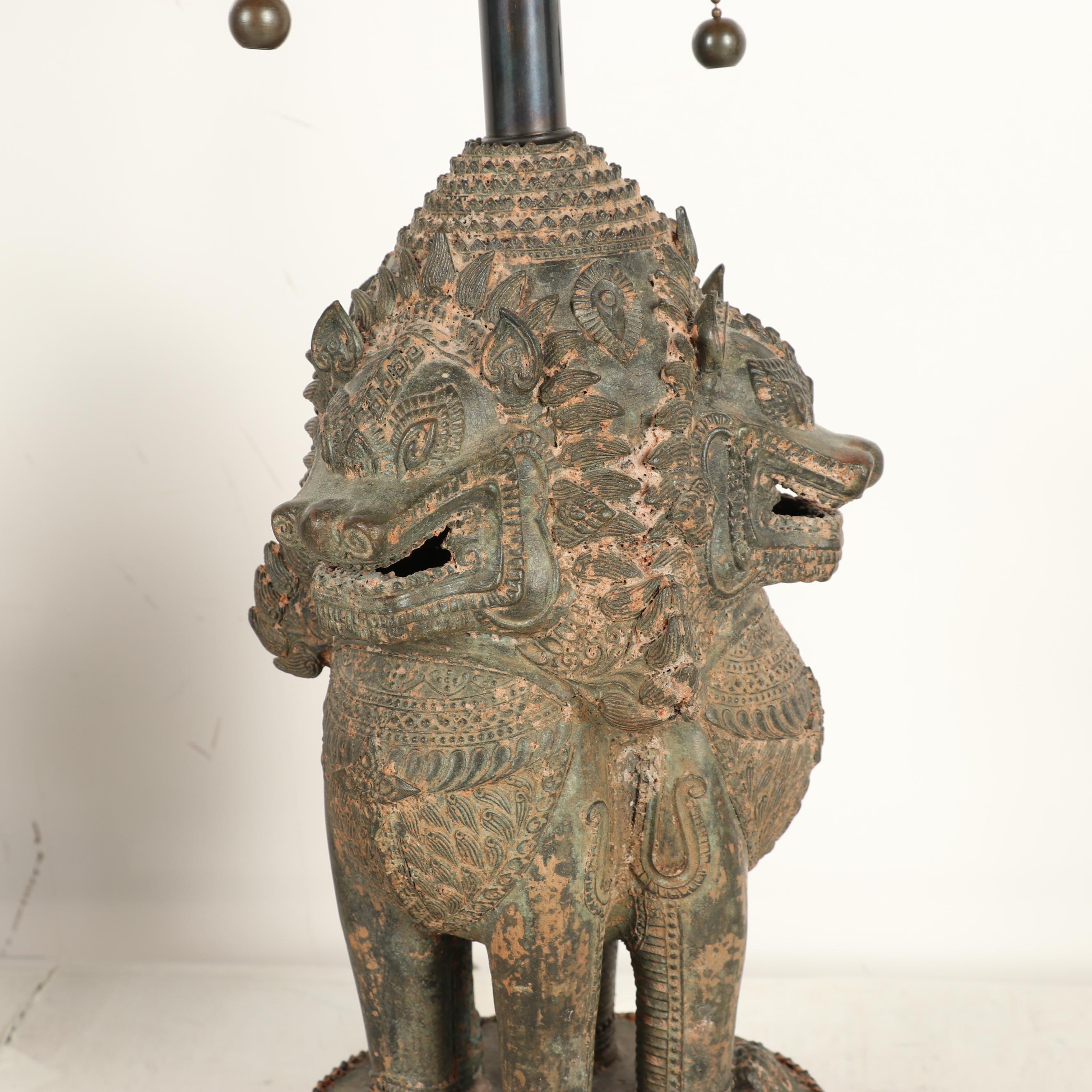 Thai Bronze Singha Guardian Lion Table Lamps with Silk Shades
