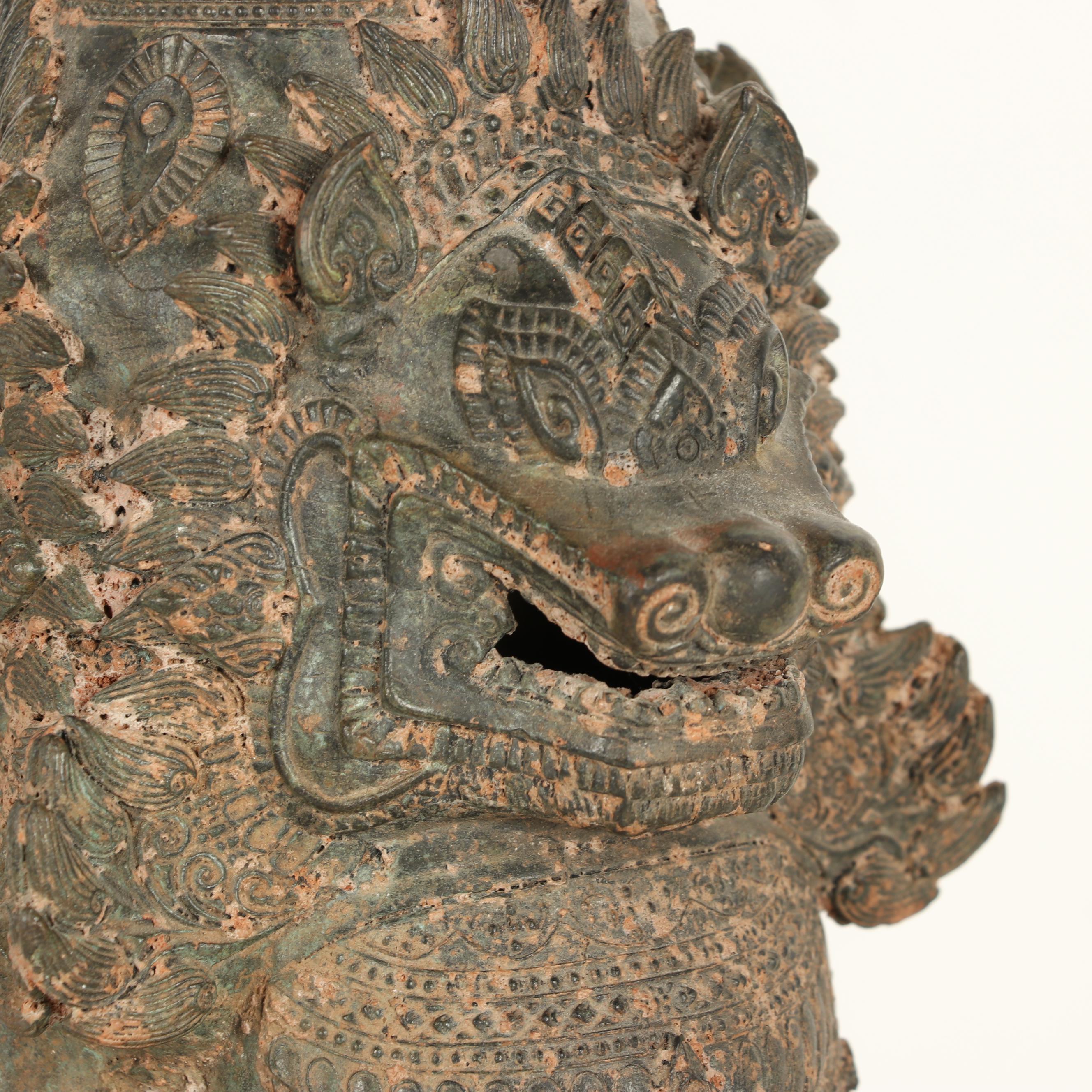 Thai Bronze Singha Guardian Lion Table Lamps with Silk Shades