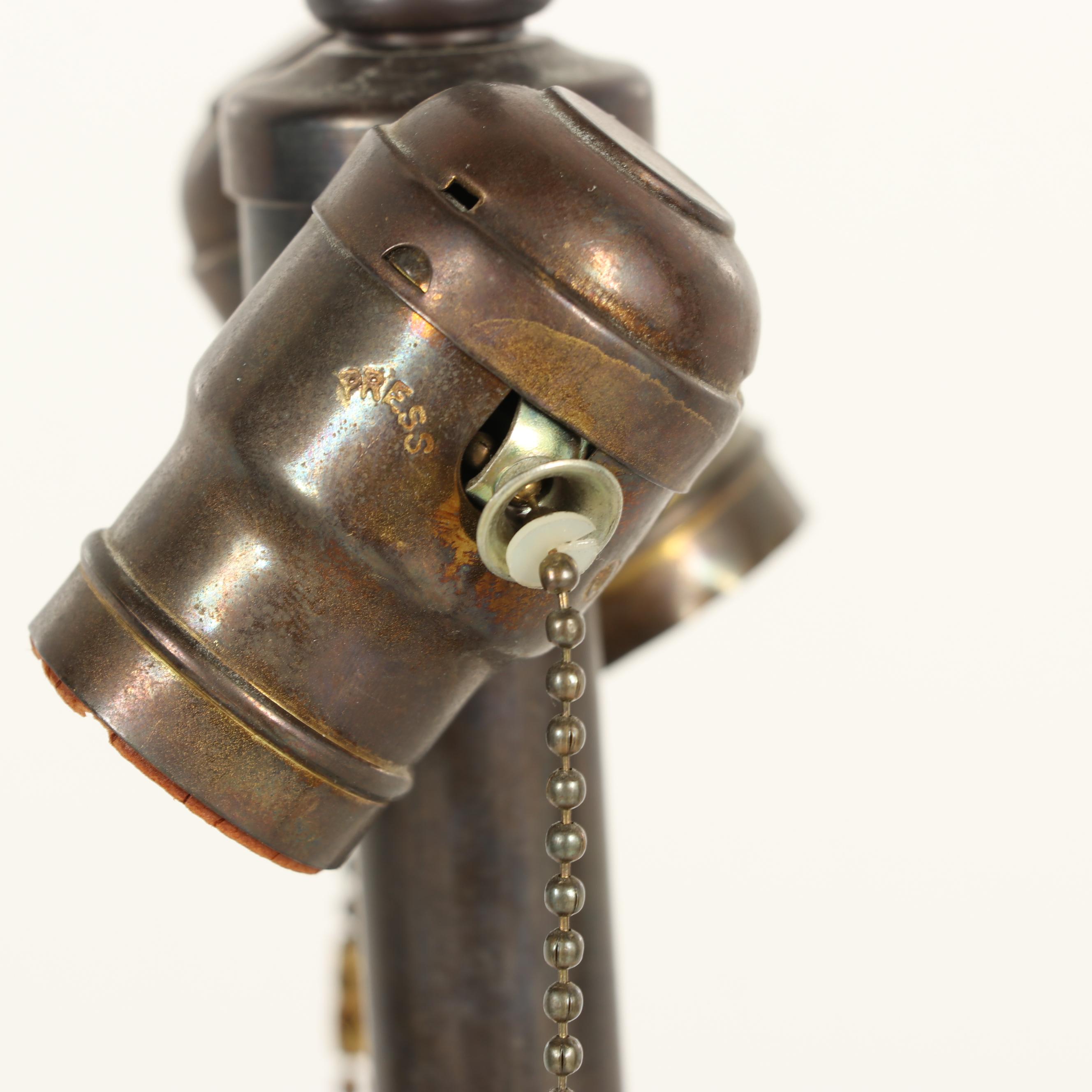 Thai Bronze Singha Guardian Lion Table Lamps with Silk Shades