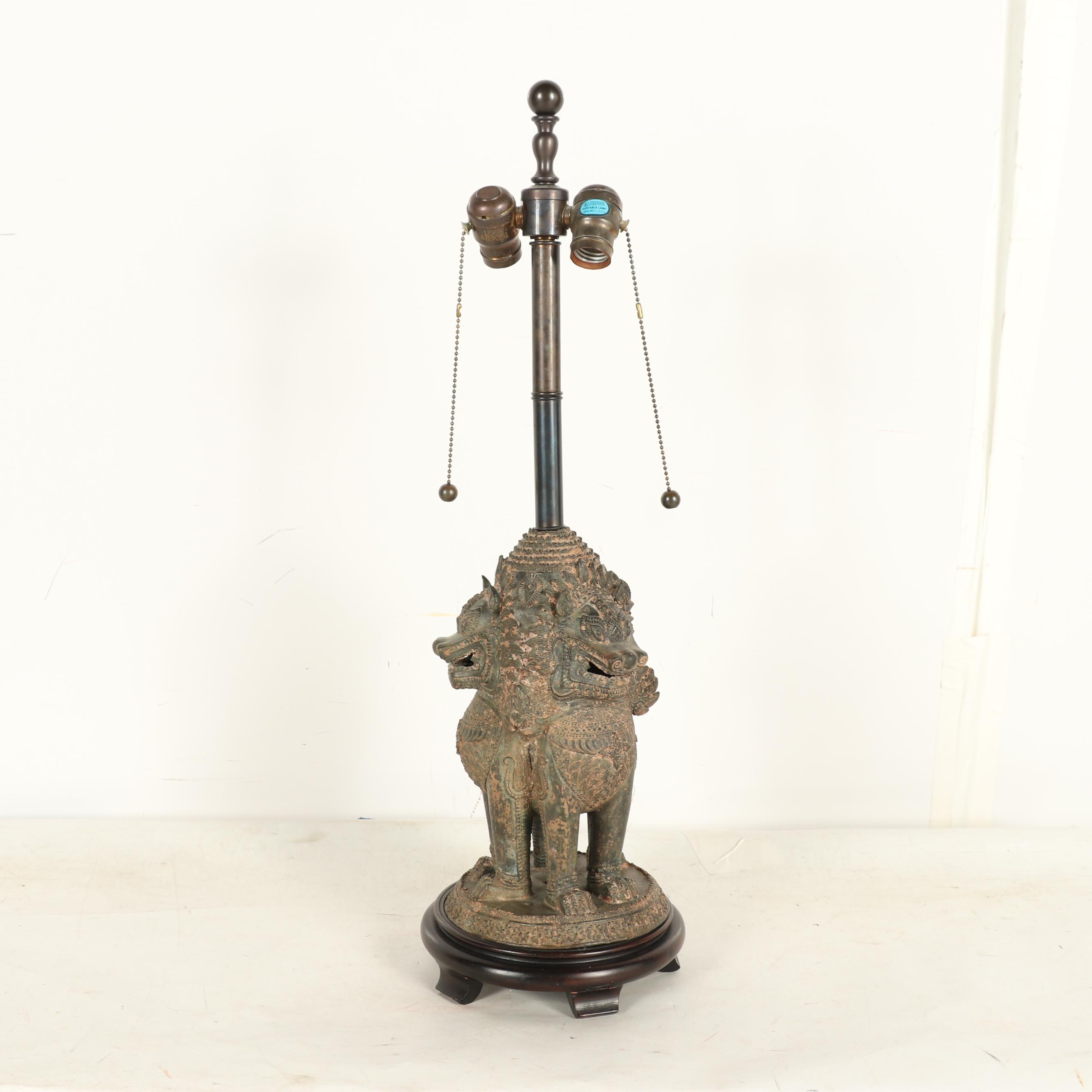 Thai Bronze Singha Guardian Lion Table Lamps with Silk Shades