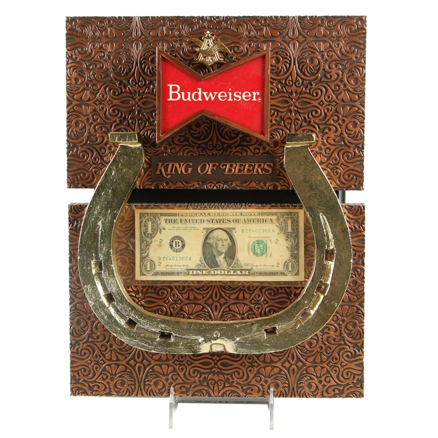 Budweiser Molded Plastic Horseshoe and Dollar Bill Holder Bar Dispay Sign