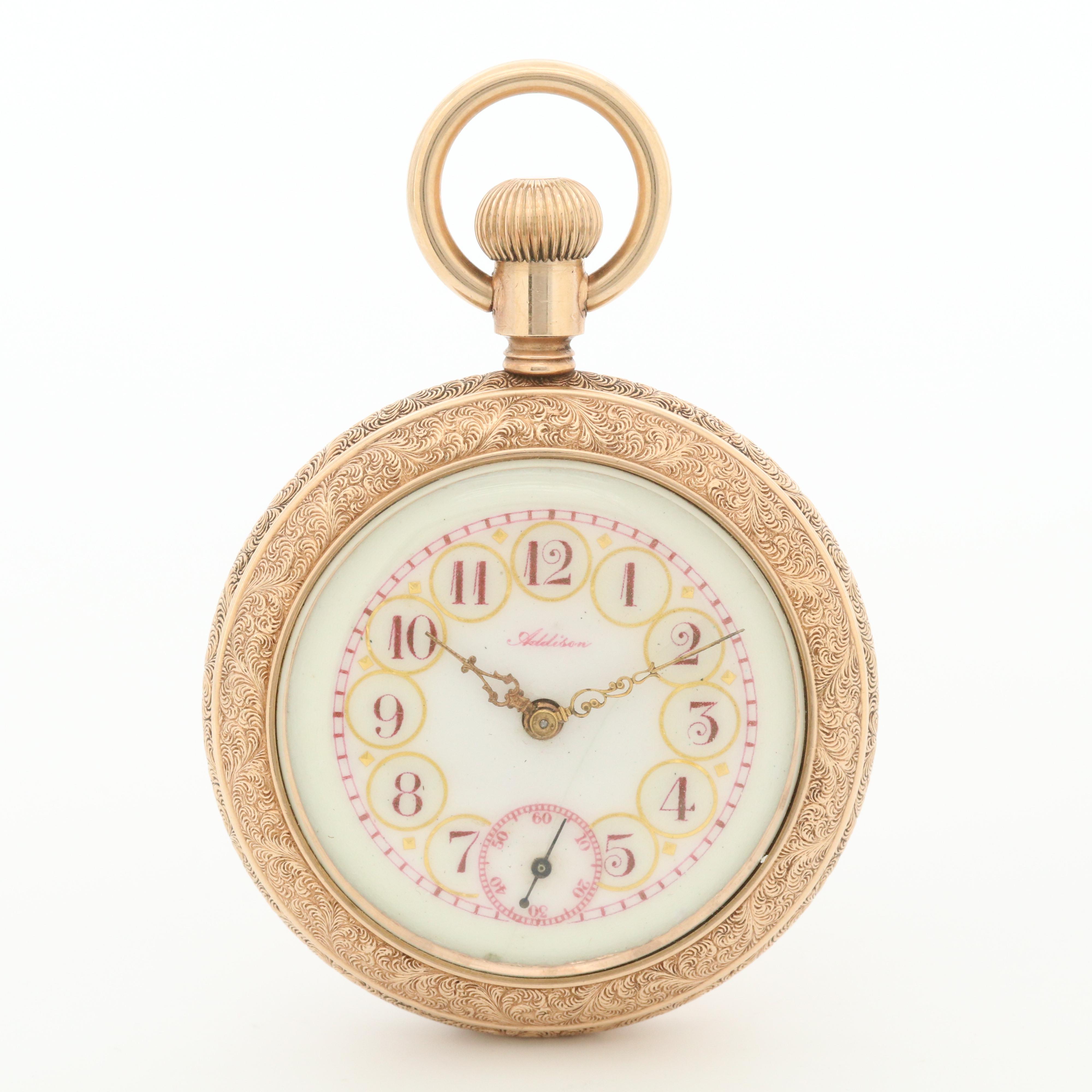 Antique Addison Gold Filled Open Face Pocket Watch, Circa 1909