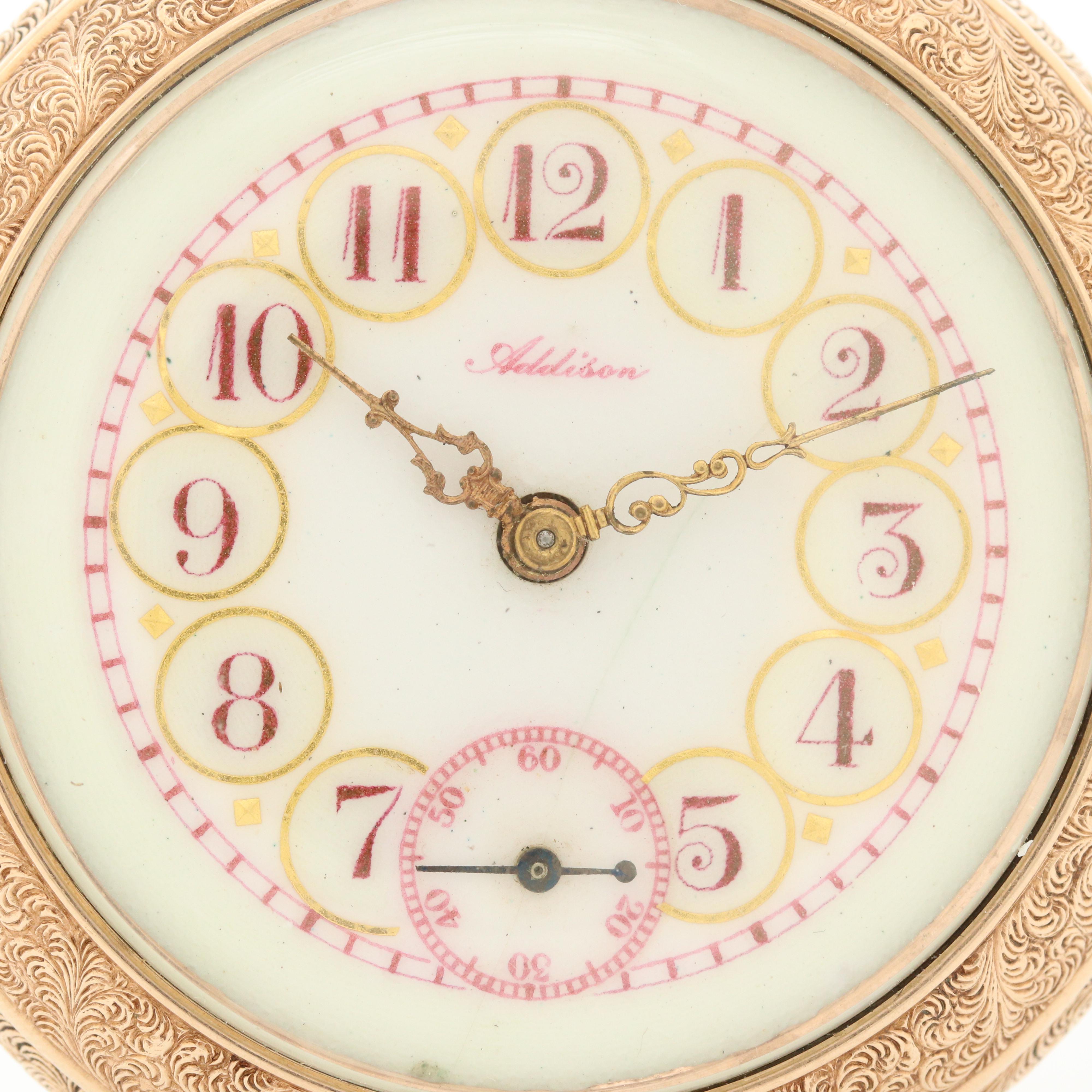 Antique Addison Gold Filled Open Face Pocket Watch, Circa 1909