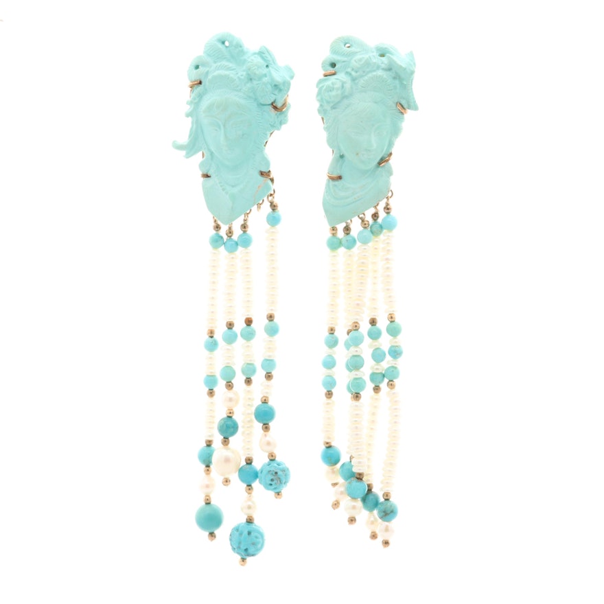 14K Yellow Gold Carved Turquoise and Cultured Pearl Tassel Earrings