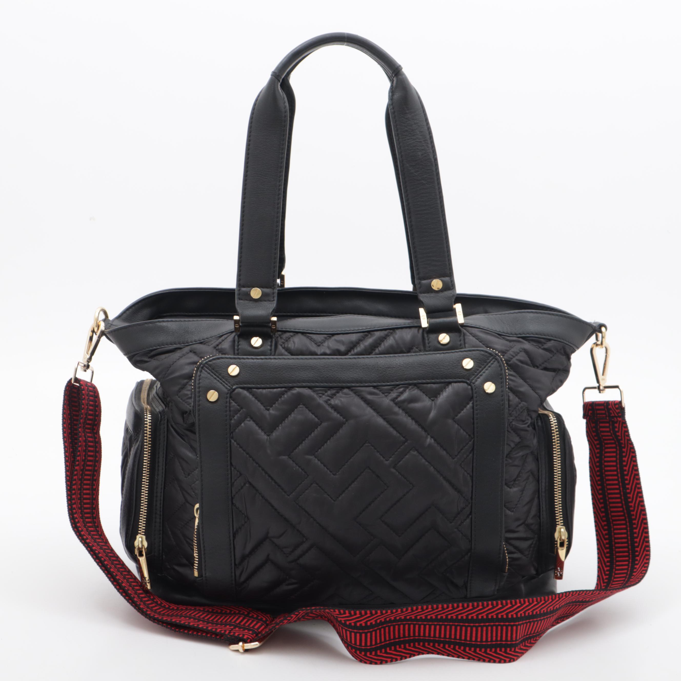 Tory Burch Black Leather and Quilted Nylon Crossbody Satchel with Shoulder Strap