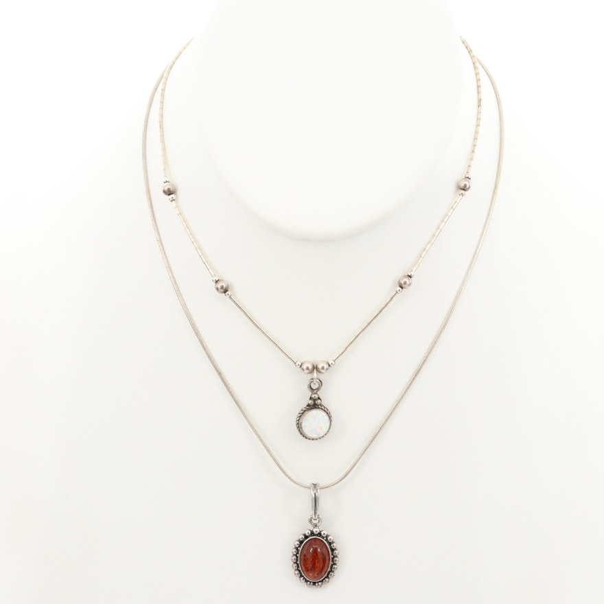 Sterling Silver Necklaces with Amber and Synthetic Opal