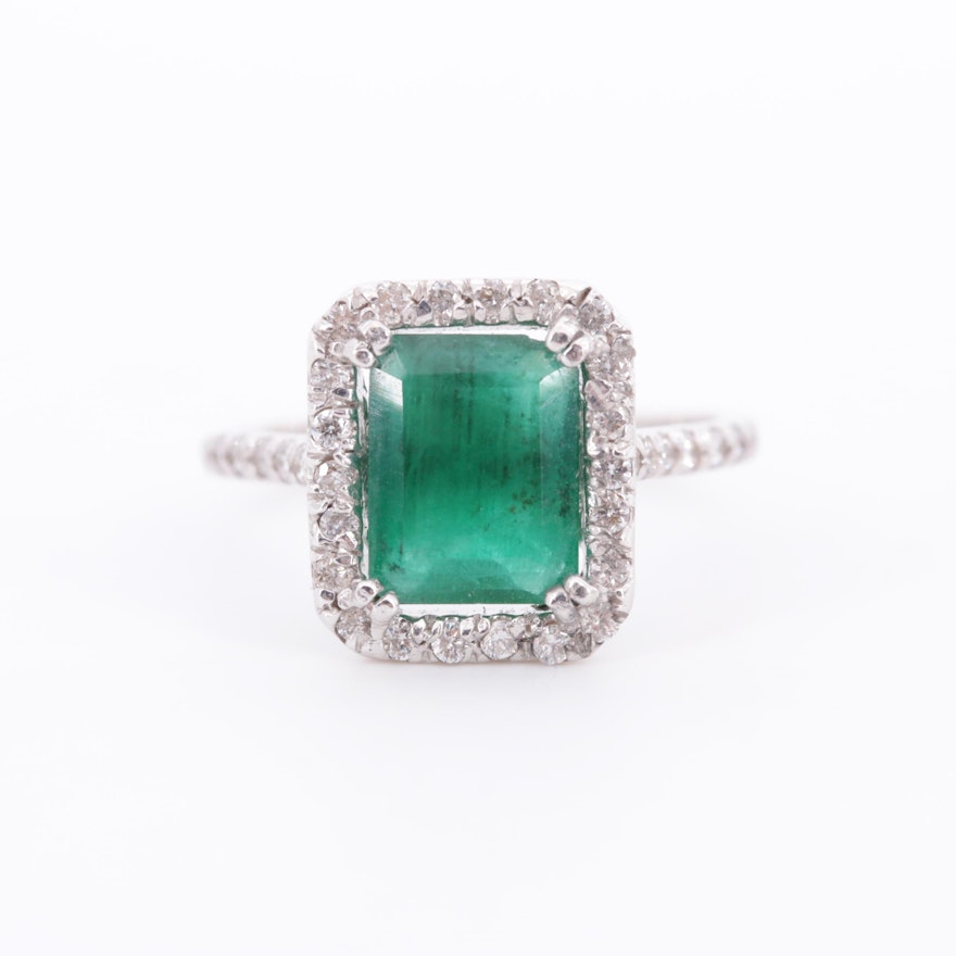 14K White Gold 2.30 CT Emerald and Diamond Ring