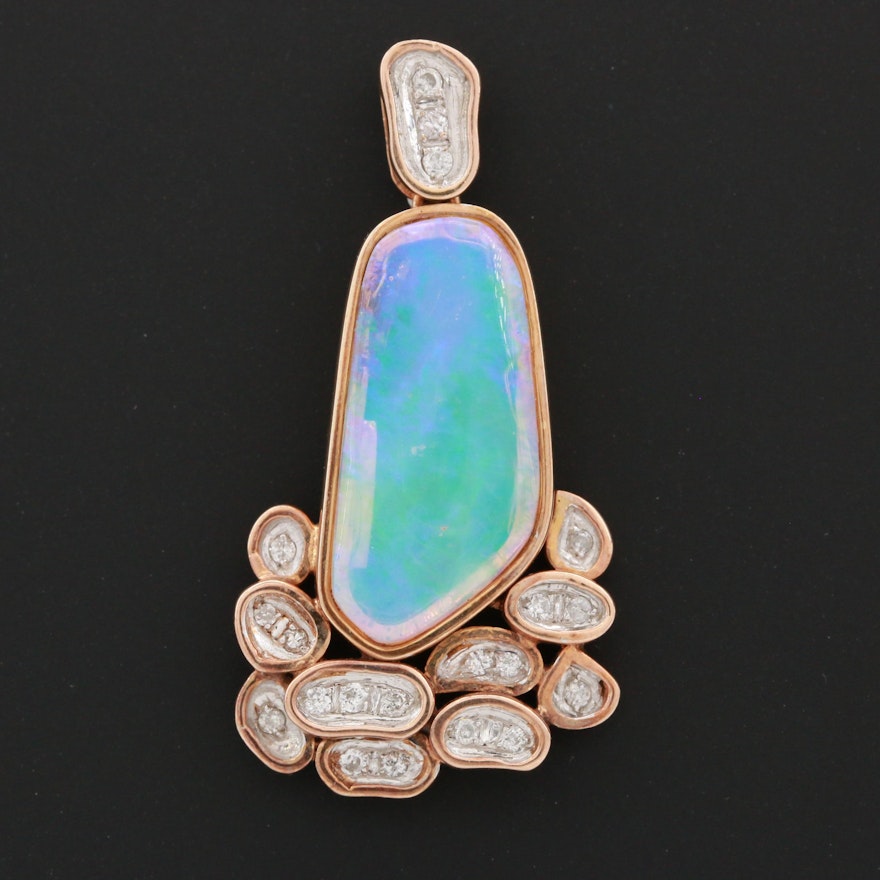 14K Yellow Gold Opal and Diamond Pendant