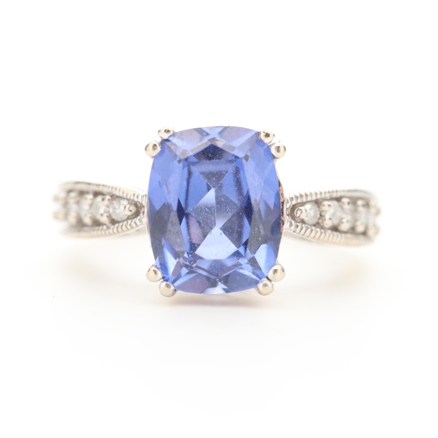 Sterling Silver Synthetic Sapphire and Diamond Ring
