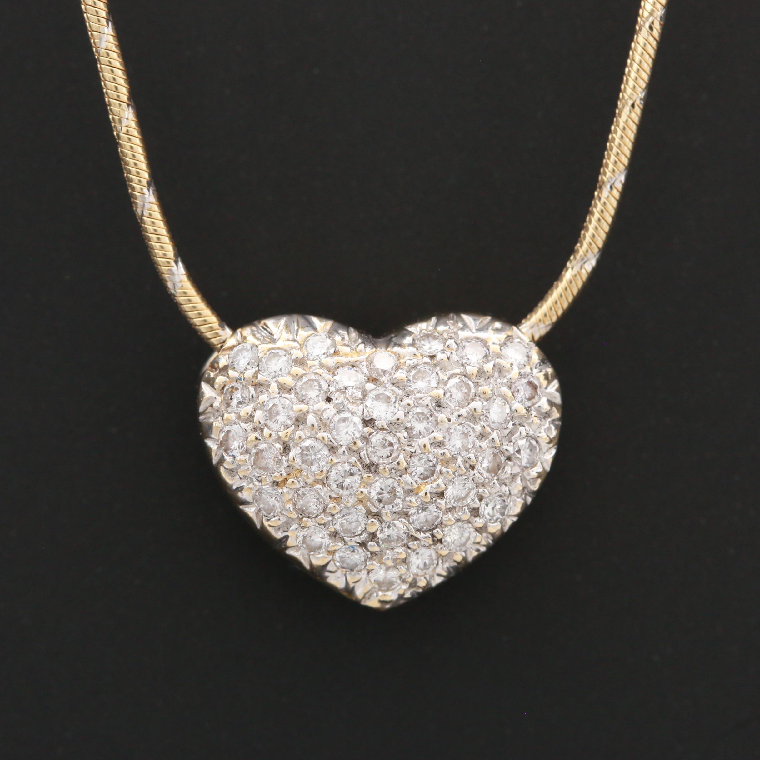 14K Yellow Gold Diamond Puffy Heart Slide Pendant Necklace
