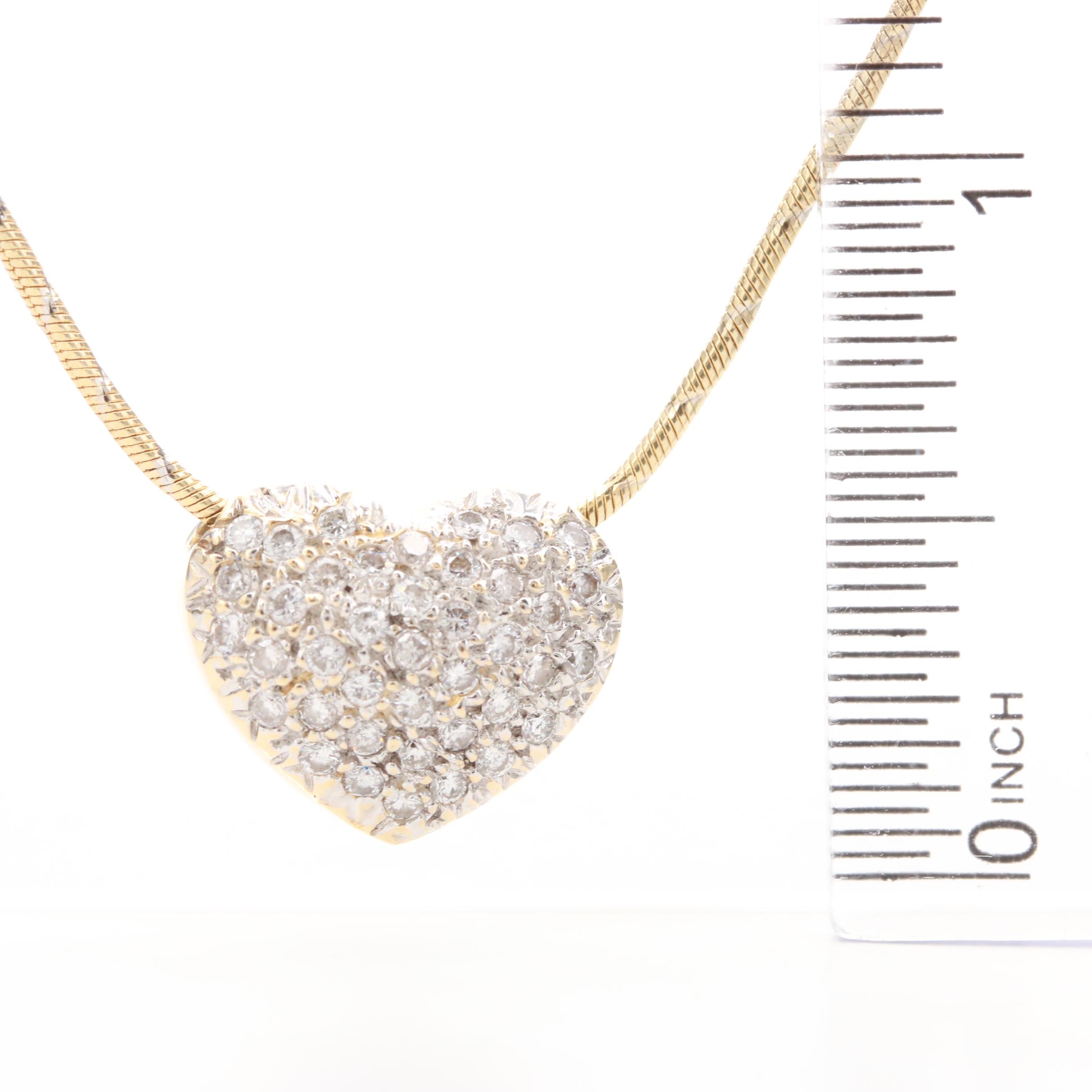 14K Yellow Gold Diamond Puffy Heart Slide Pendant Necklace