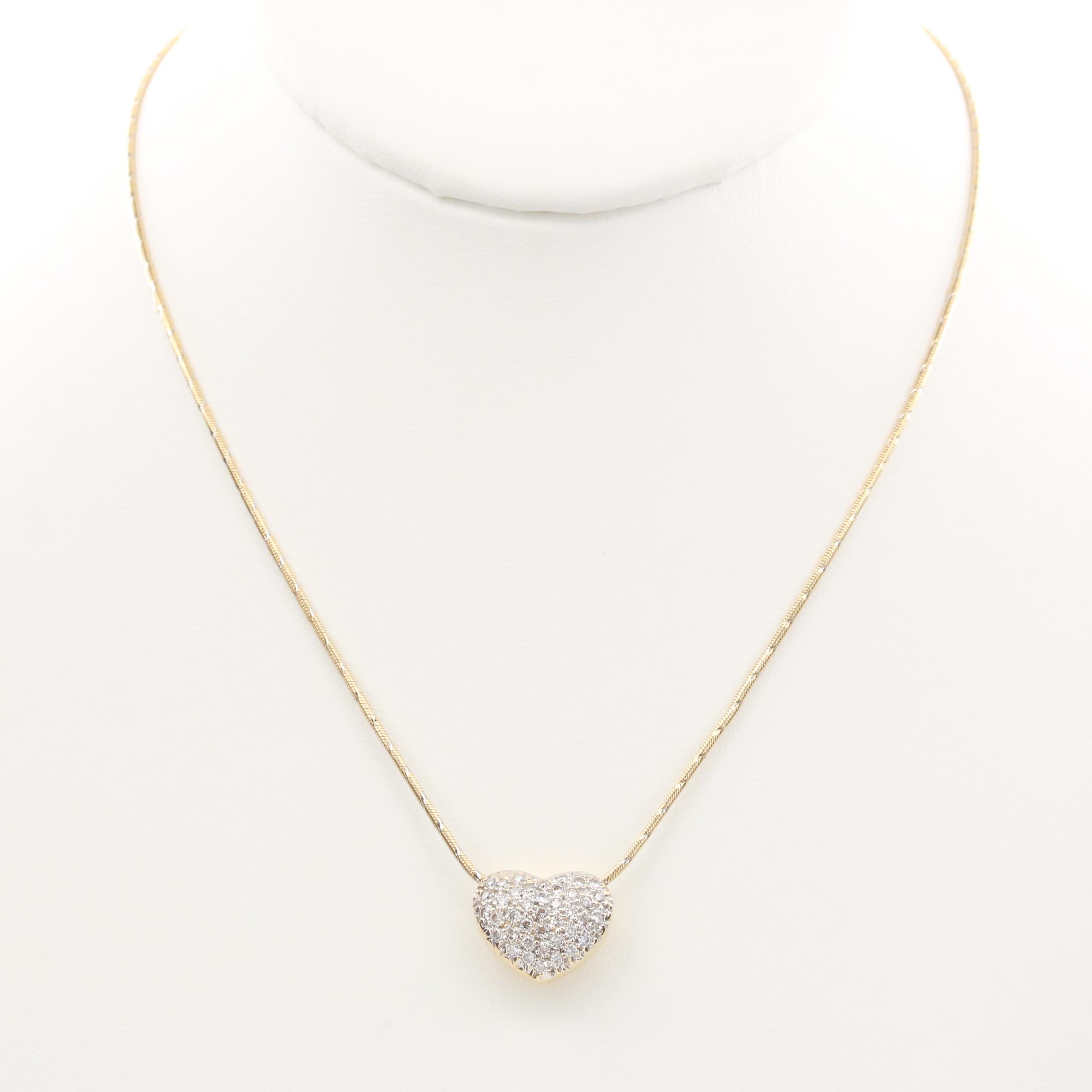 14K Yellow Gold Diamond Puffy Heart Slide Pendant Necklace