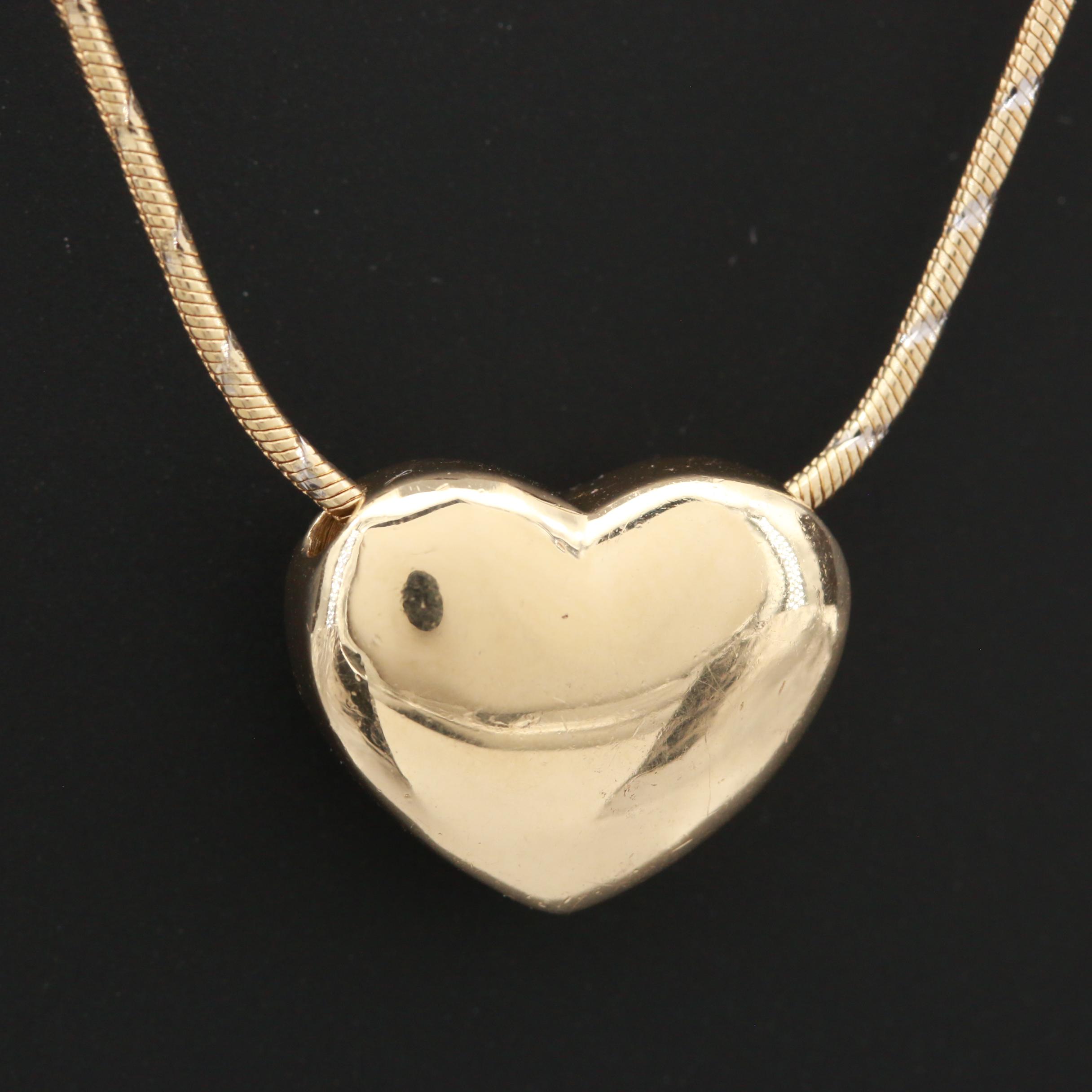 14K Yellow Gold Diamond Puffy Heart Slide Pendant Necklace