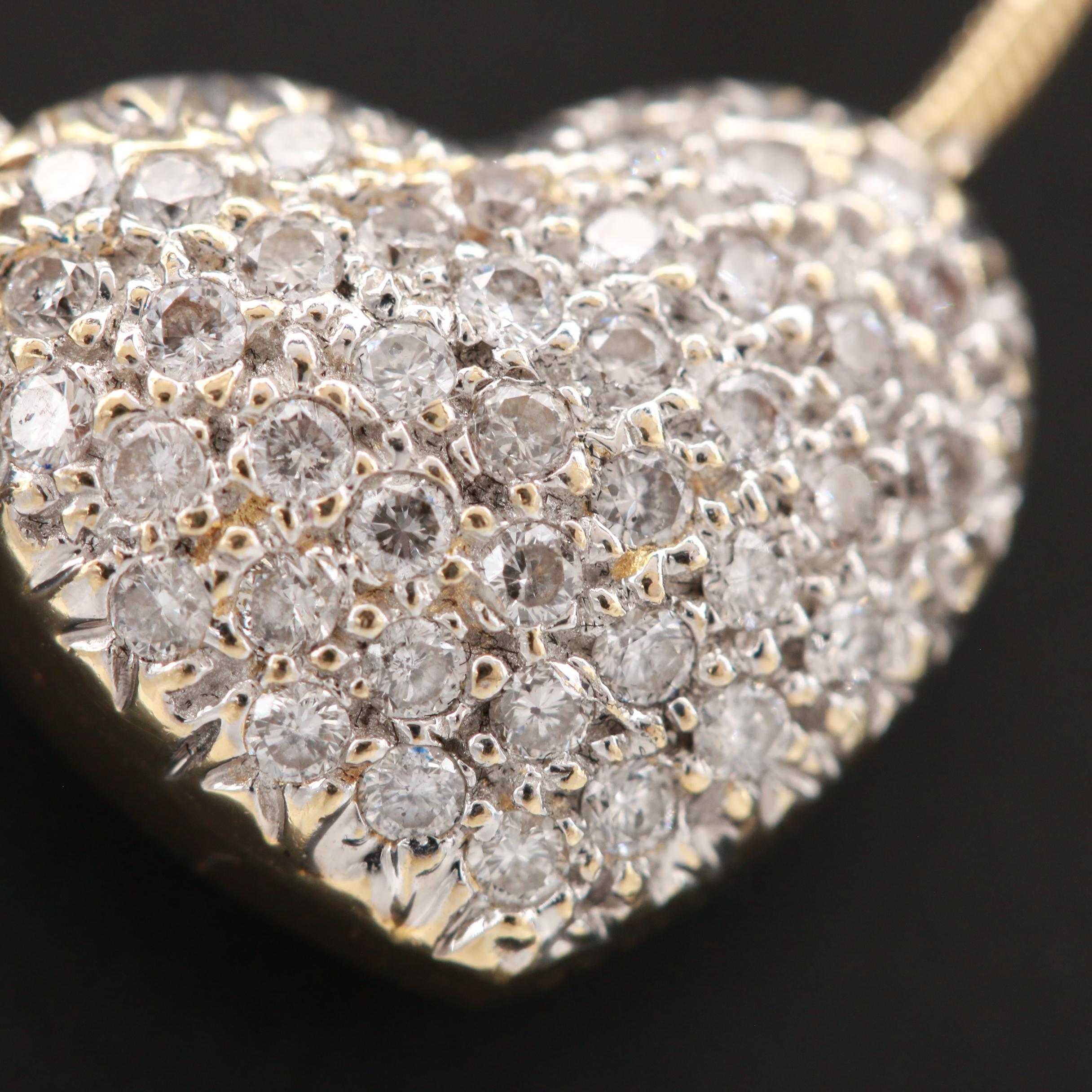 14K Yellow Gold Diamond Puffy Heart Slide Pendant Necklace
