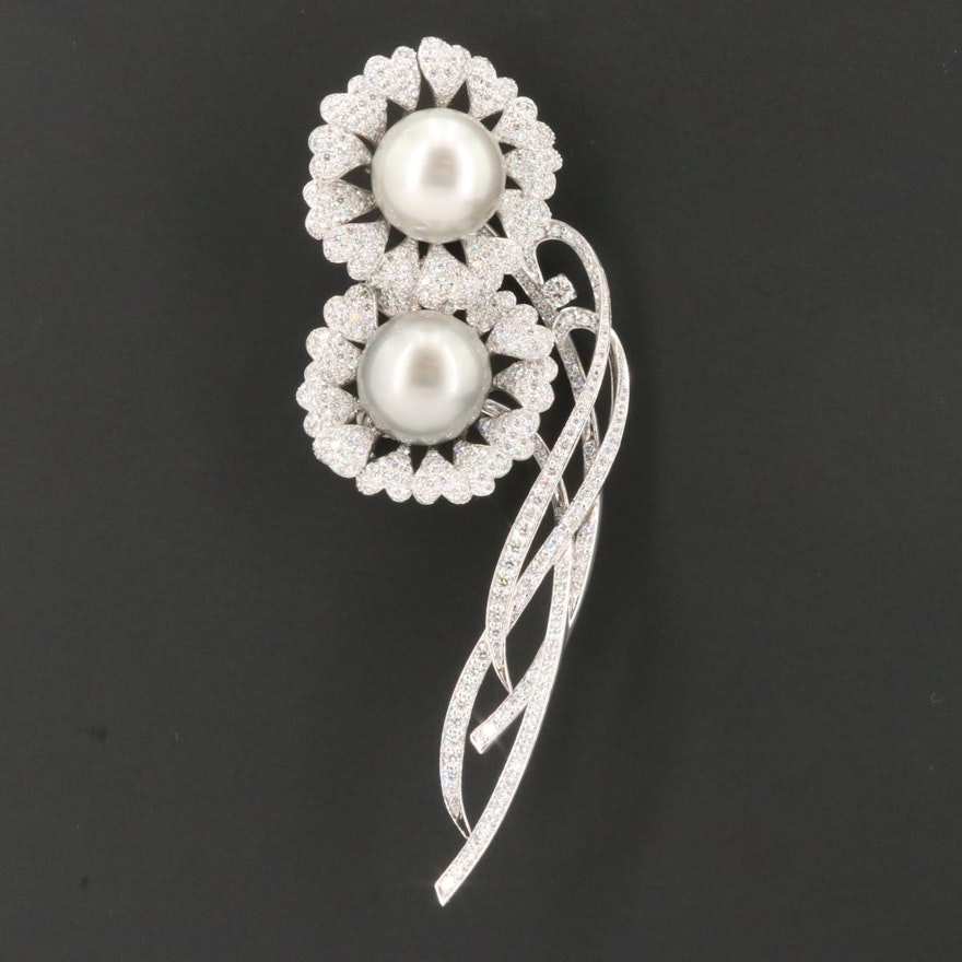 18K White Gold Cultured Pearl and 6.01 CTW Diamond Floral Brooch