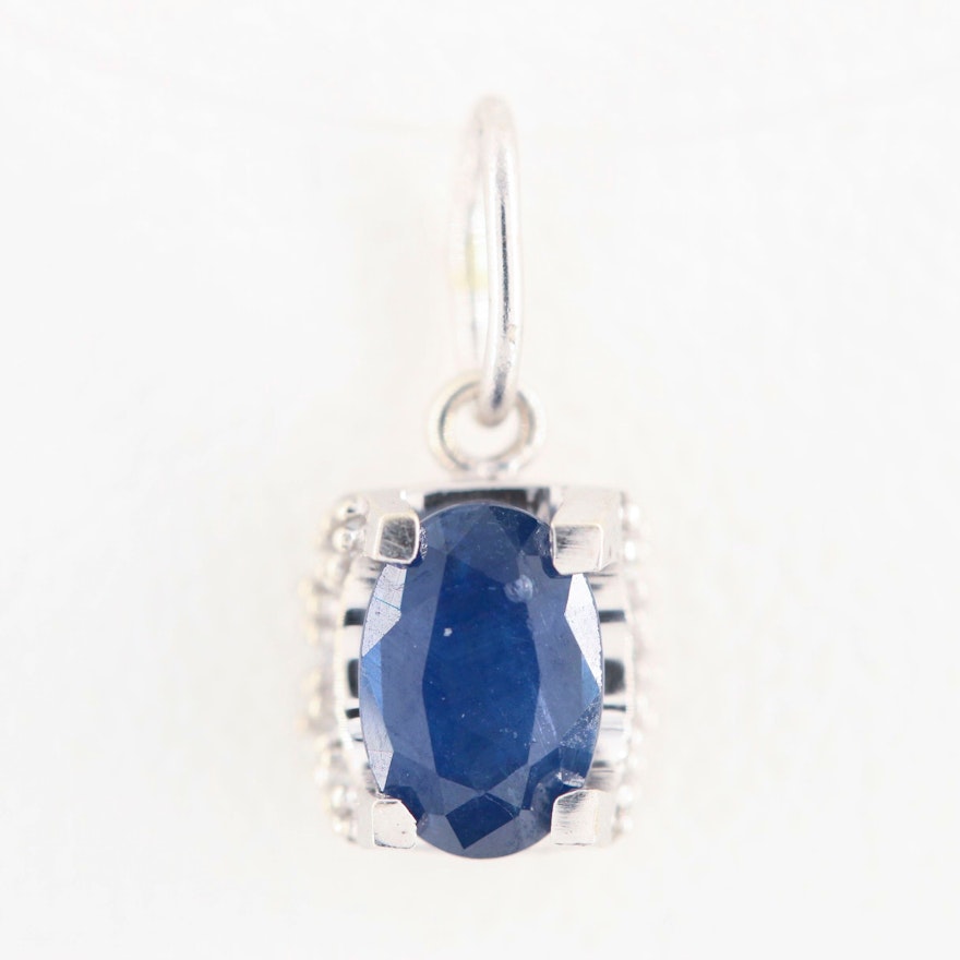 14K White Gold Blue Sapphire and Diamond Pendant