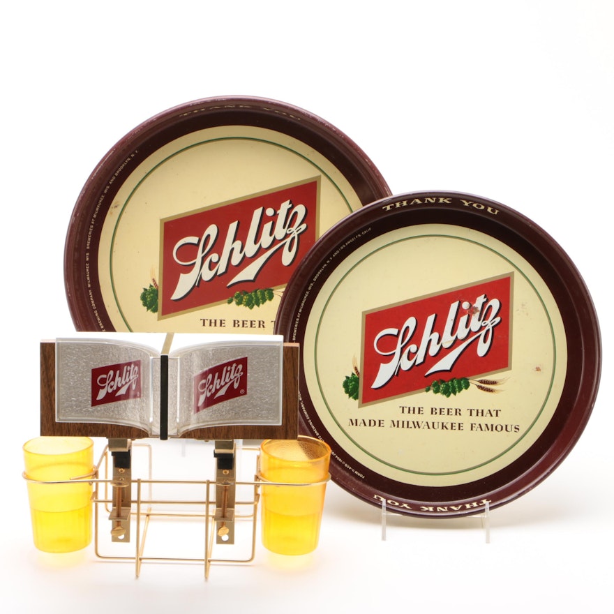 Schlitz Serving Trays and Advertising Bar Caddy, 1950s - 1960s