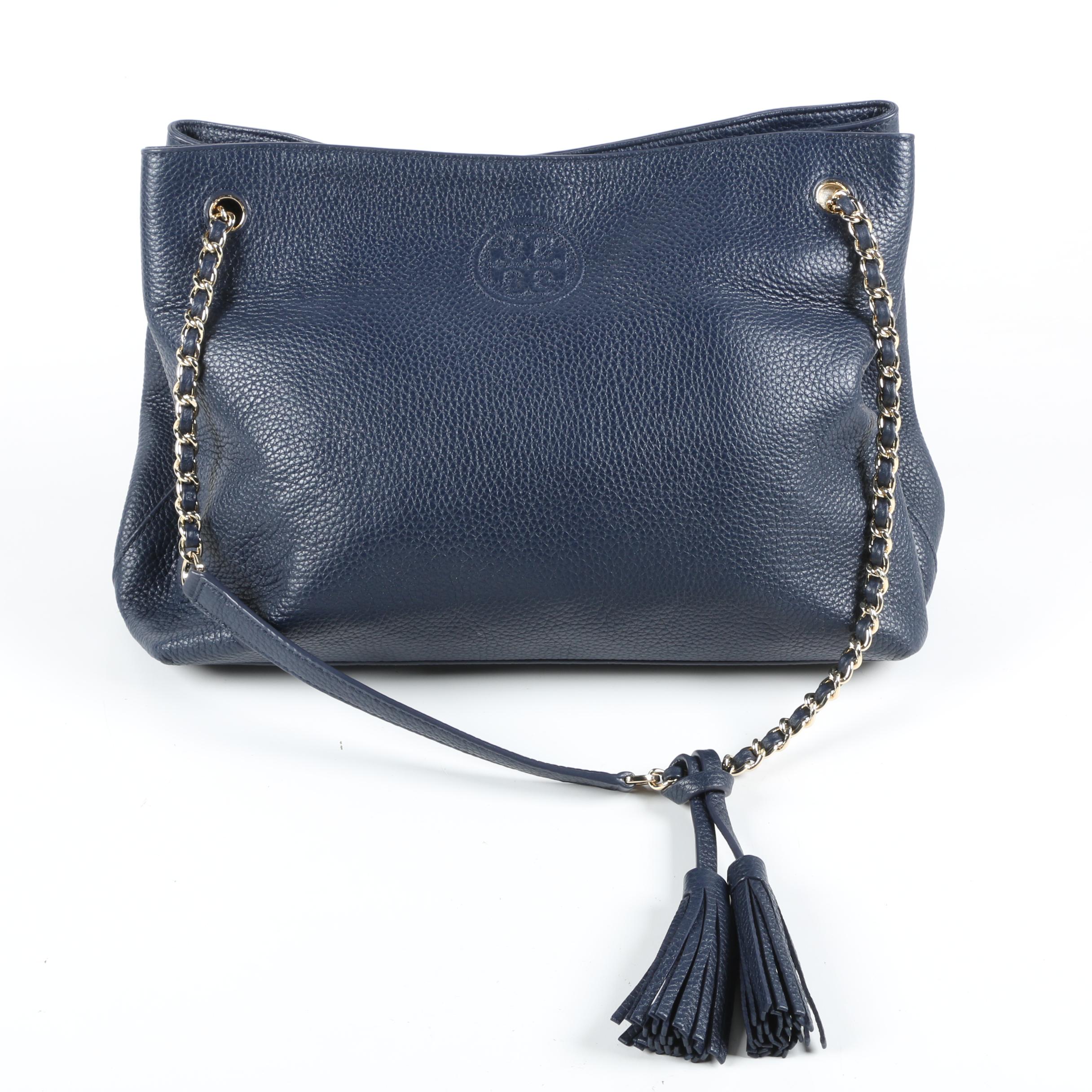 Tory Burch Navy Blue Pebbled Leather Shoulder Tote with Tassels