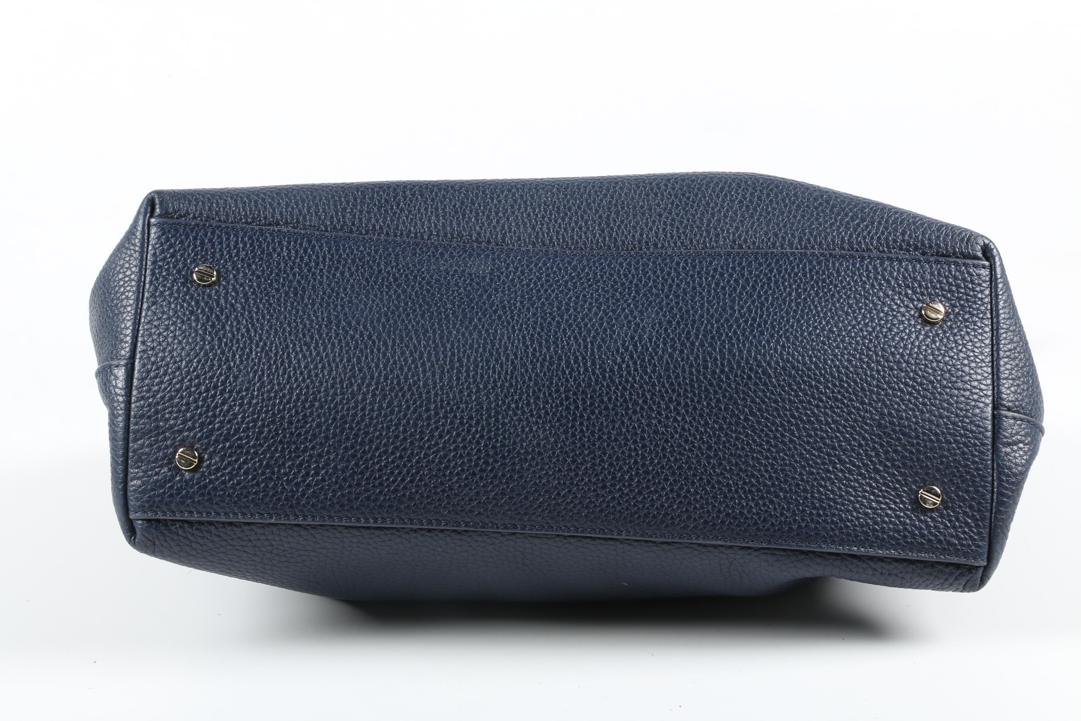 Tory Burch Navy Blue Pebbled Leather Shoulder Tote with Tassels