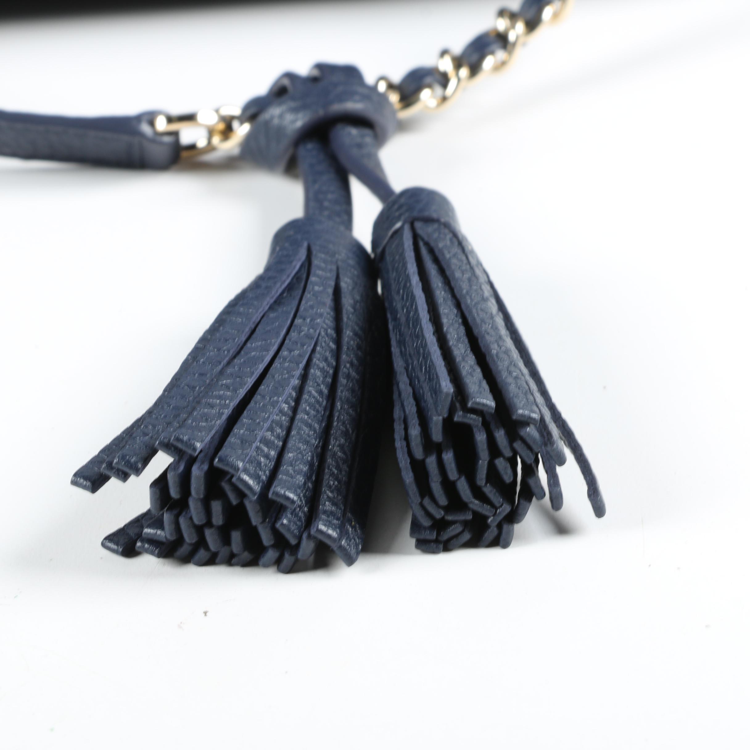 Tory Burch Navy Blue Pebbled Leather Shoulder Tote with Tassels