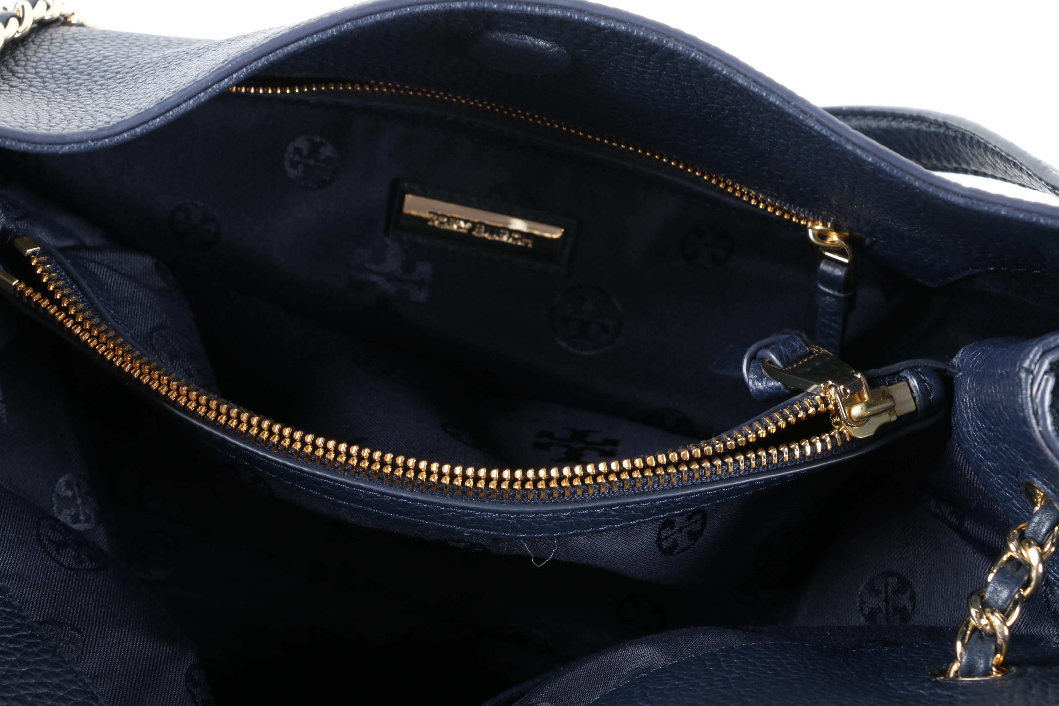 Tory Burch Navy Blue Pebbled Leather Shoulder Tote with Tassels