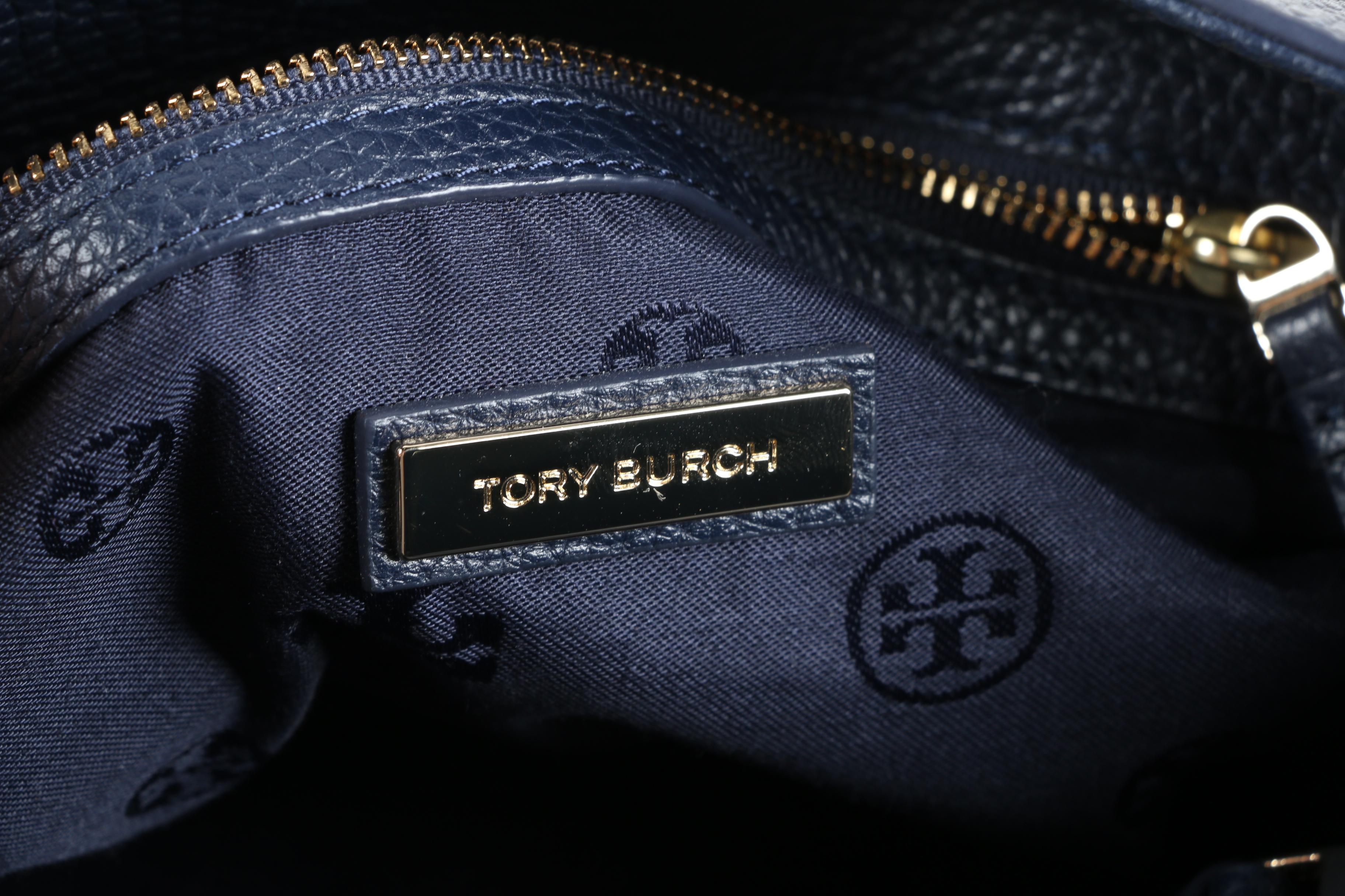 Tory Burch Navy Blue Pebbled Leather Shoulder Tote with Tassels