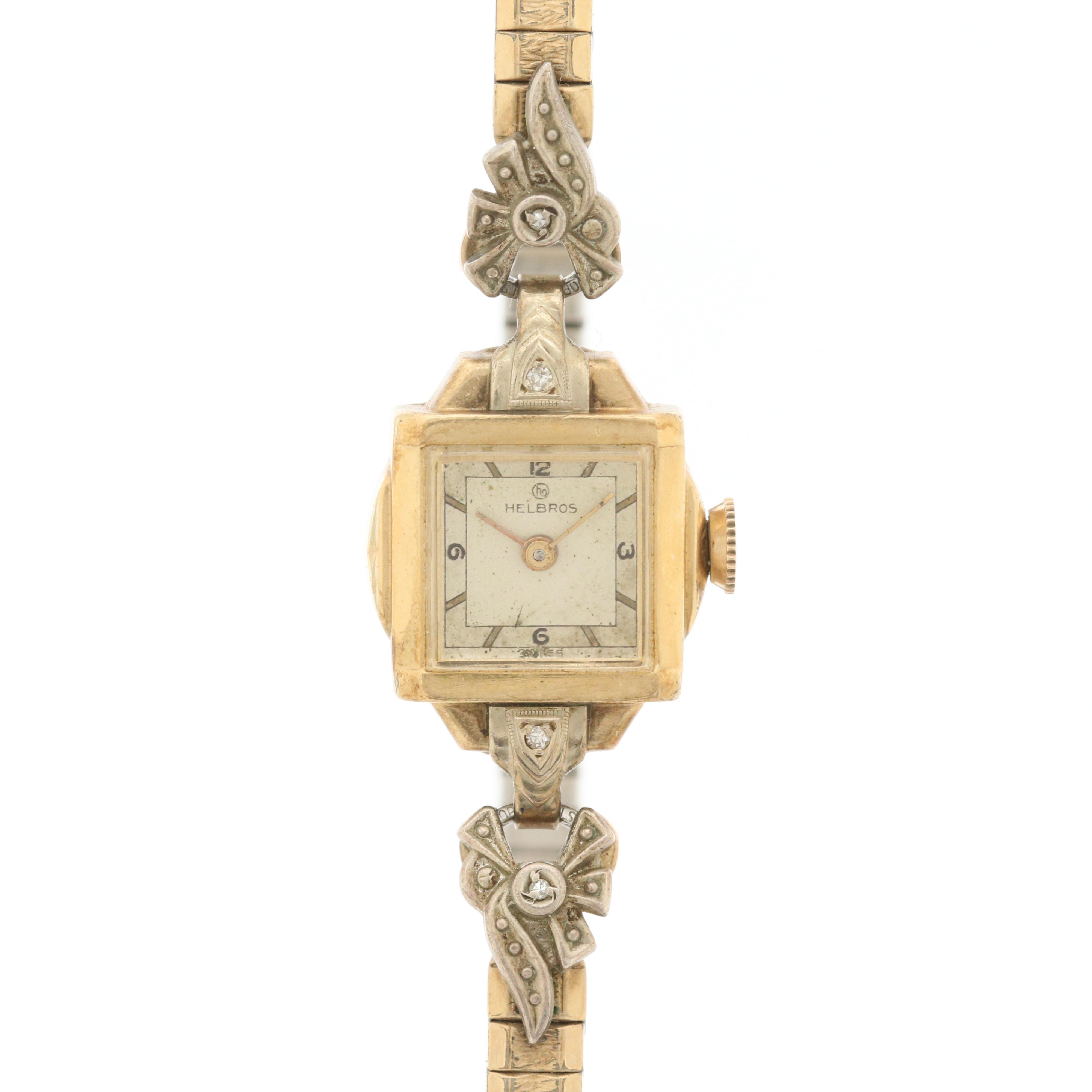 Vintage Helbros 14K Yellow Gold and Diamond Stem Wind Watch