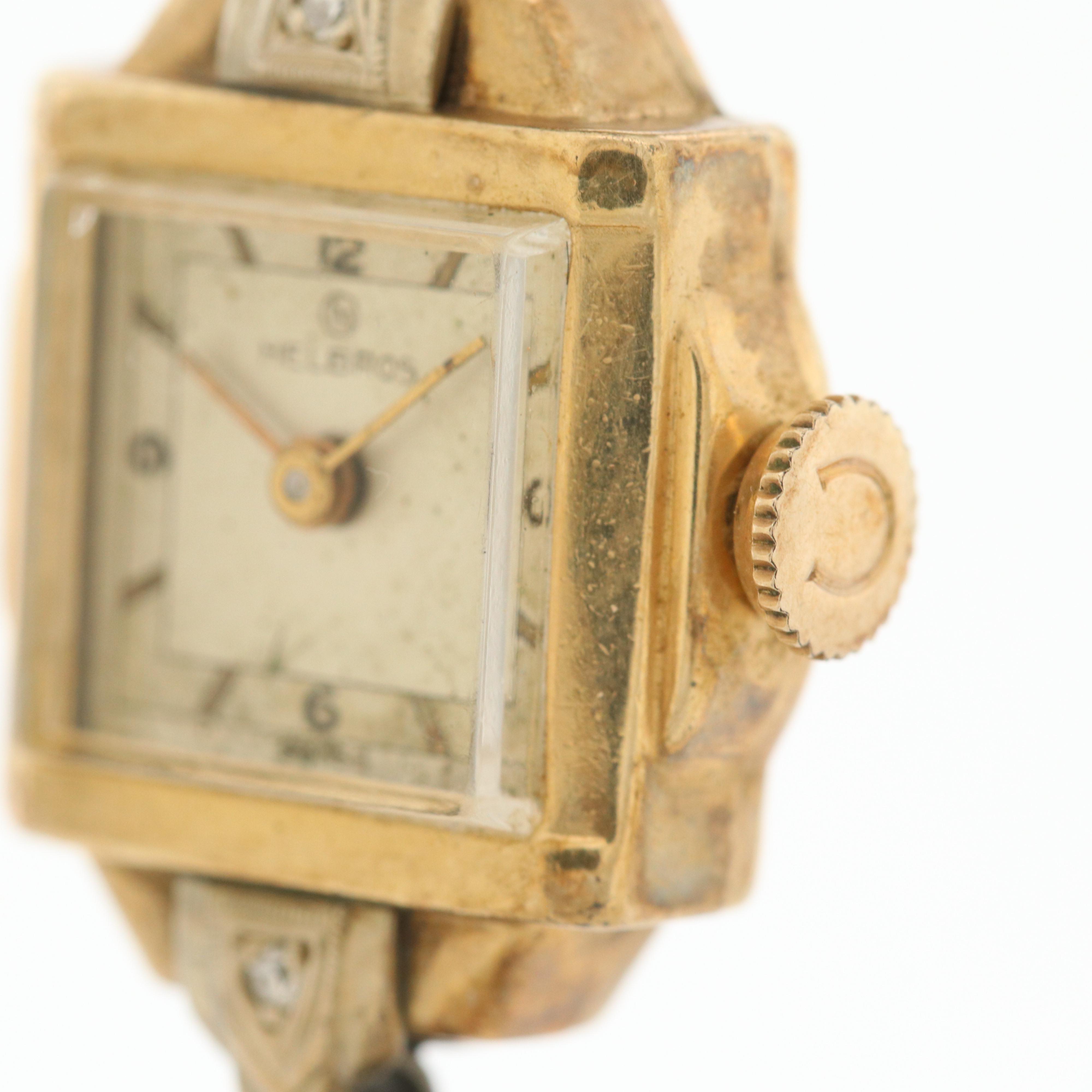 Vintage Helbros 14K Yellow Gold and Diamond Stem Wind Watch