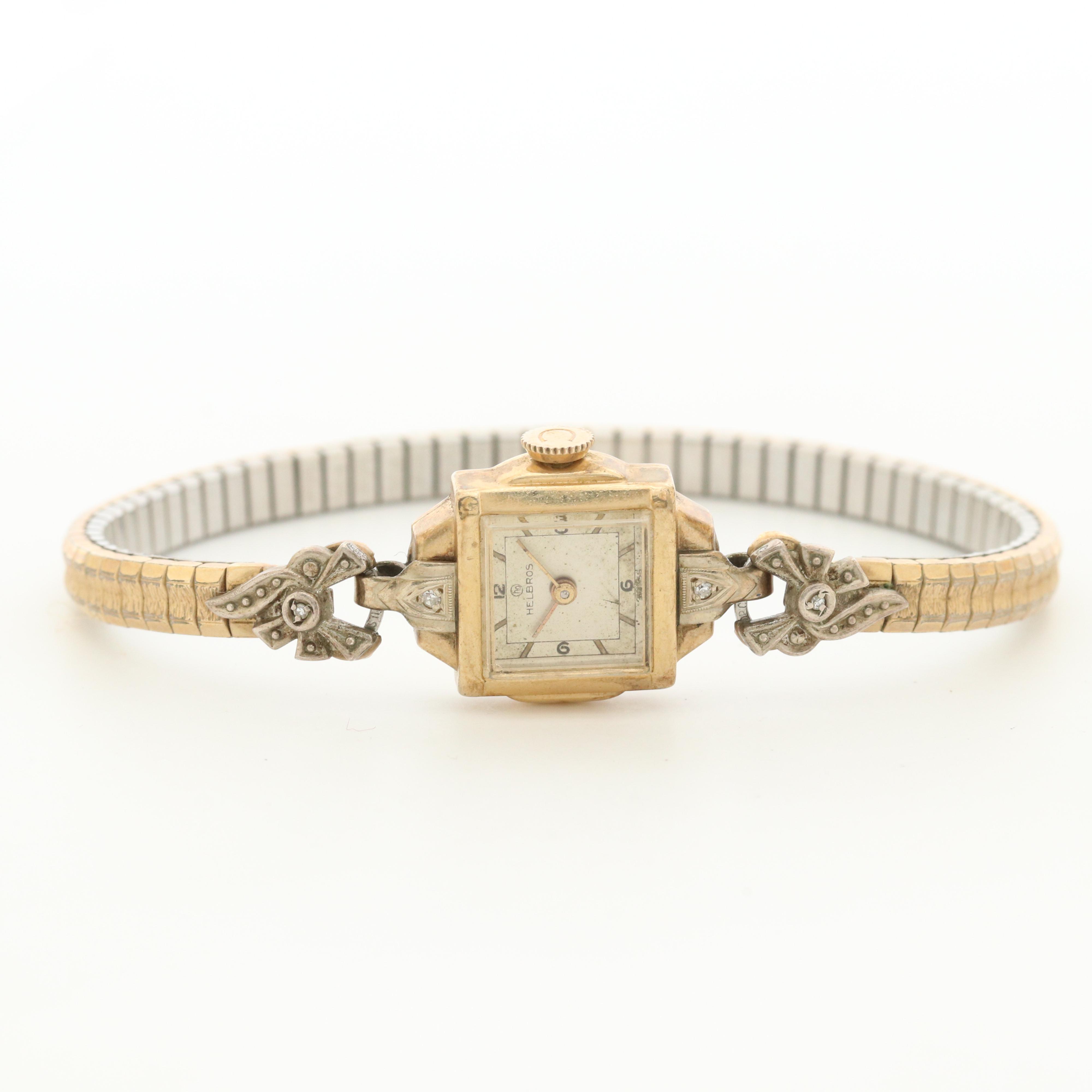 Vintage Helbros 14K Yellow Gold and Diamond Stem Wind Watch