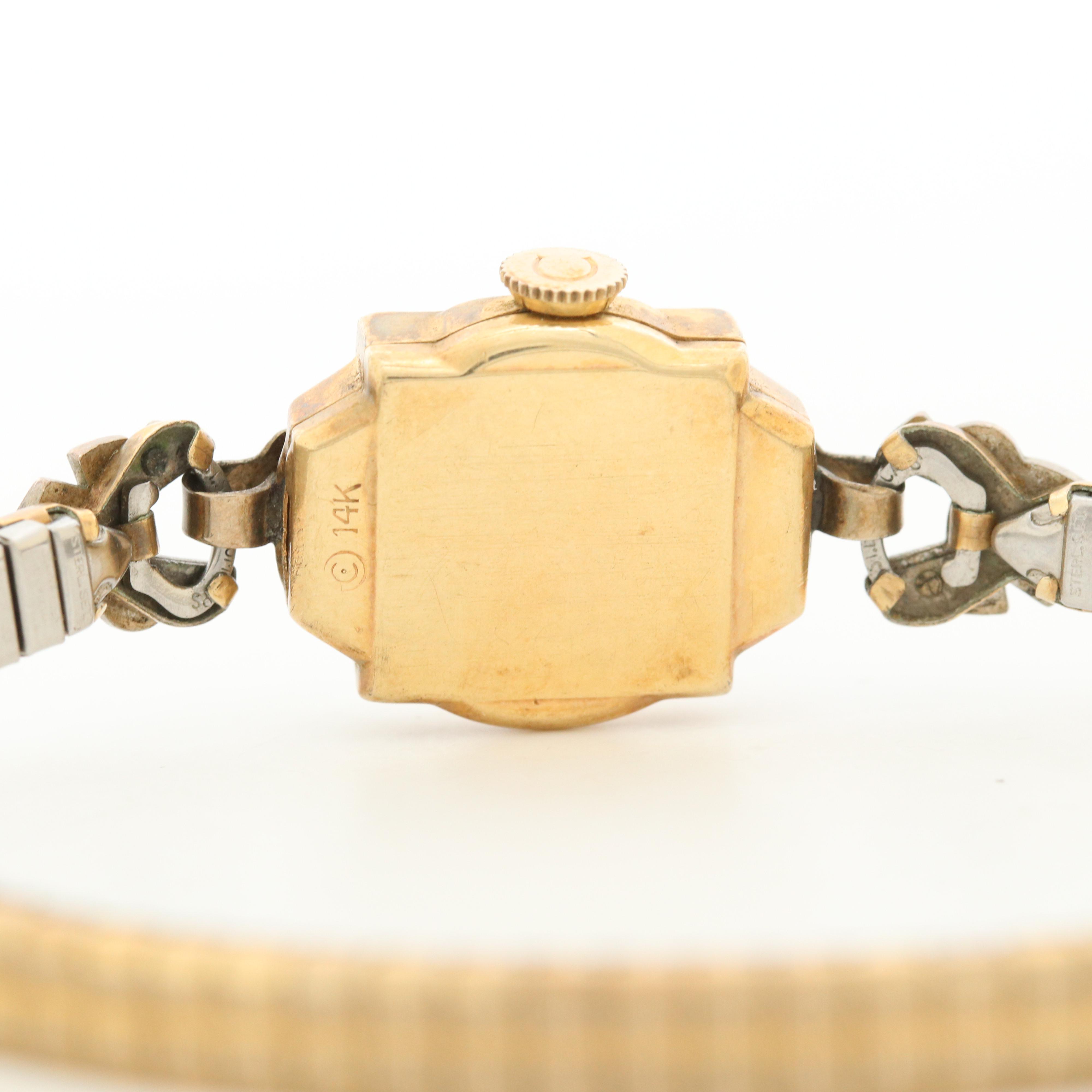 Vintage Helbros 14K Yellow Gold and Diamond Stem Wind Watch