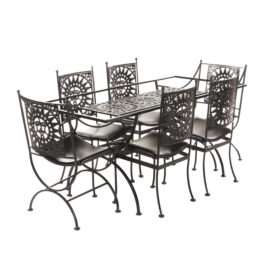 Arthur Umanoff "Mayan" Black Painted Iron Patio Dining Set with 6 Chairs