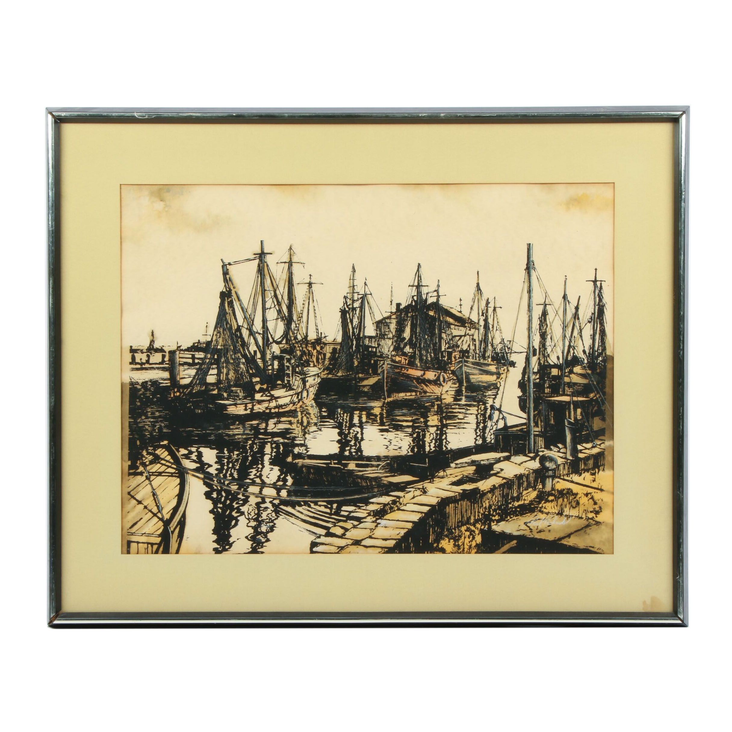 Paul Richards Hand-Colored Serigraph of Sailboats in Harbor
