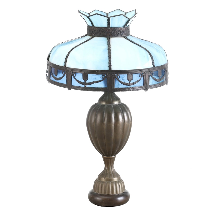 Blue Slag Glass and Repoussé Copper Shade on Lamp Base, Early 20th Century