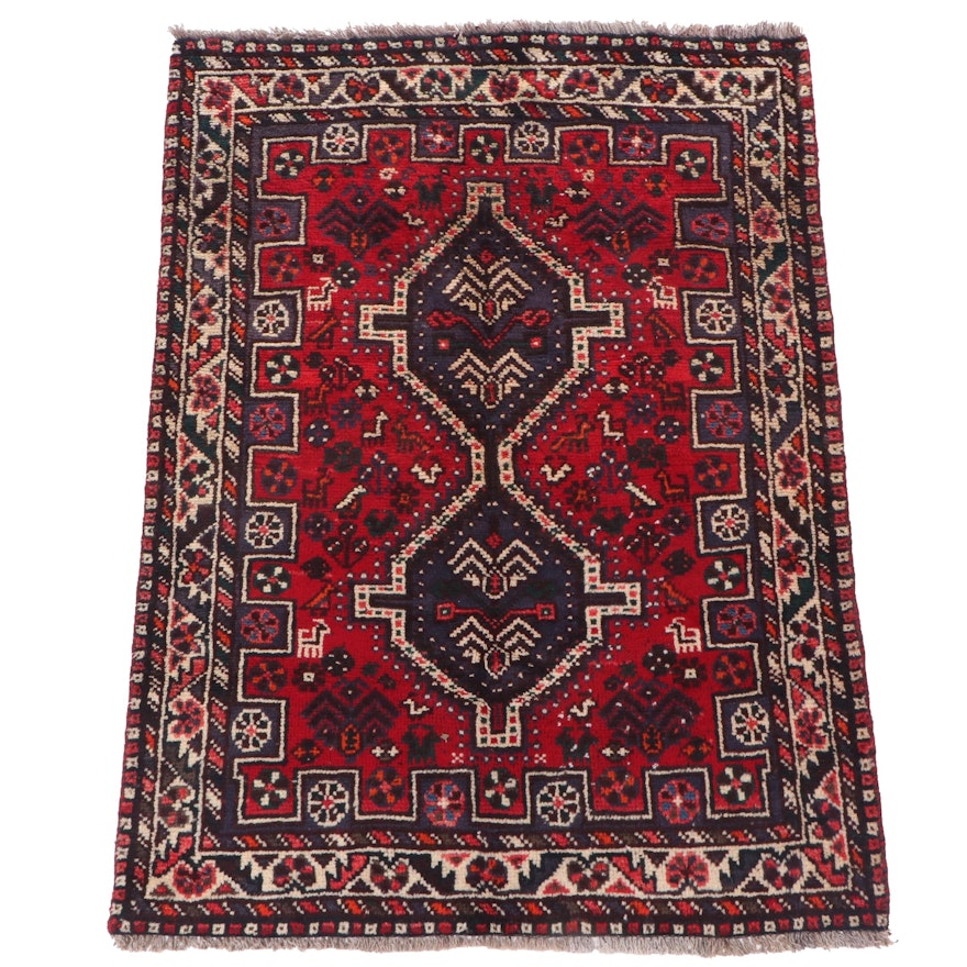 Hand-Knotted Persian Qashqai Shiraz Pictorial Wool Rug